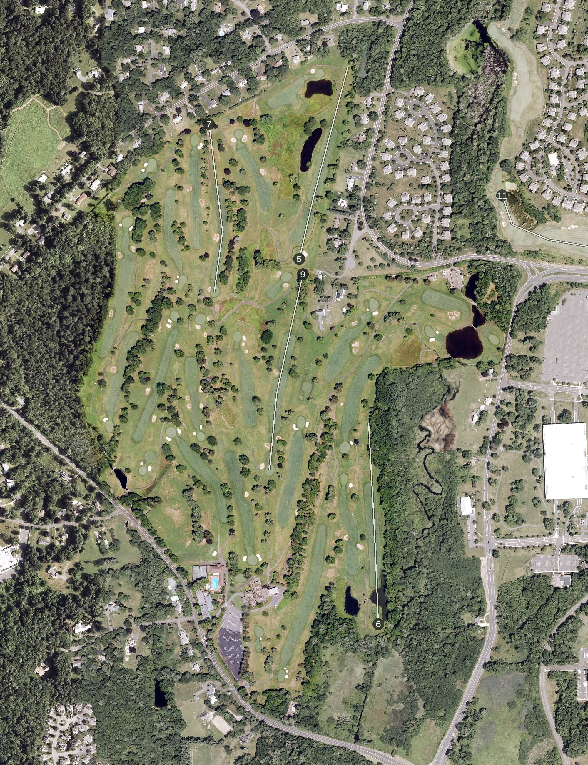 Aerial view of Tumble Brook Country Club, CT, with its hole routing marked