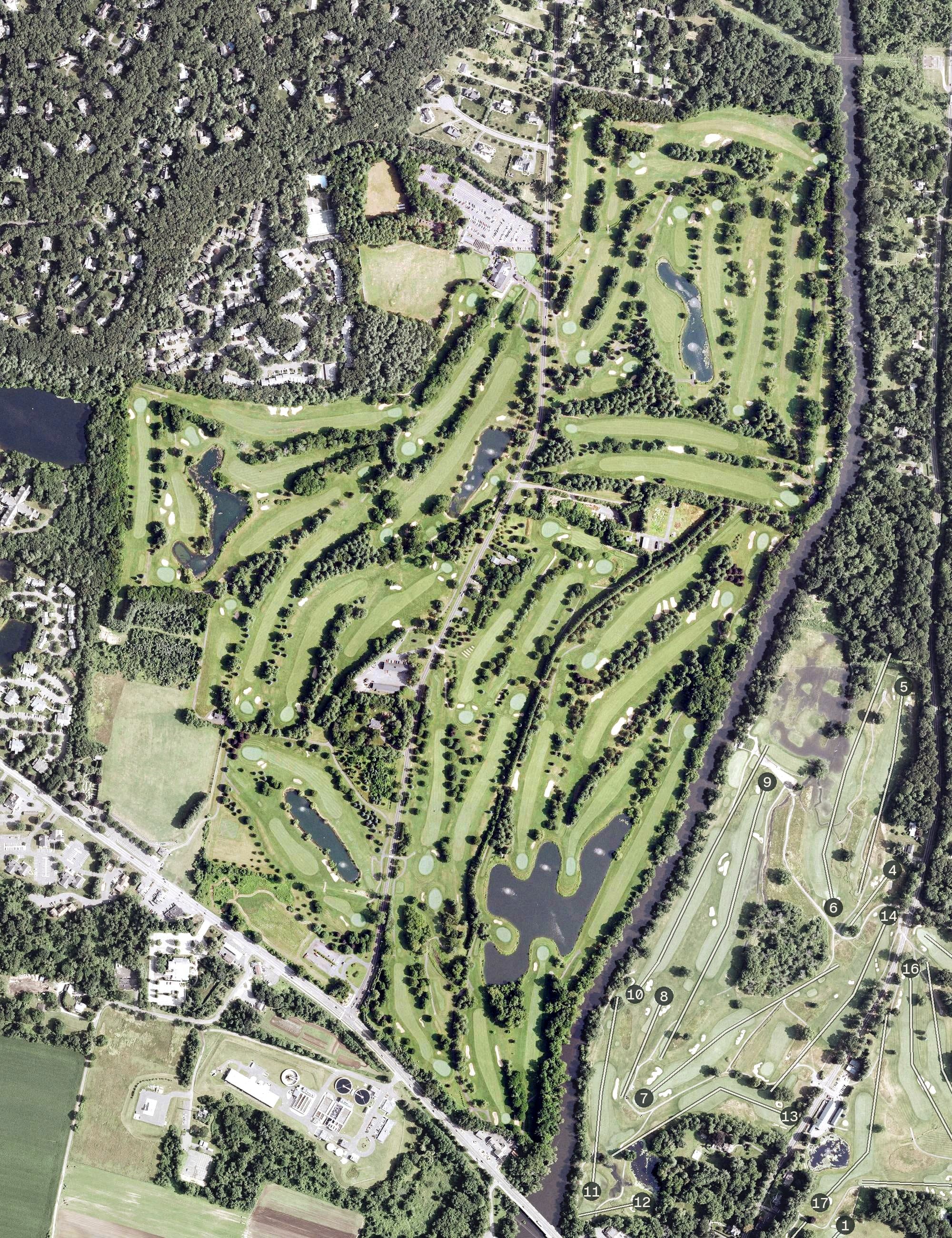 Aerial view of Tunxis Plantation Country Club, CT, with its hole routing marked