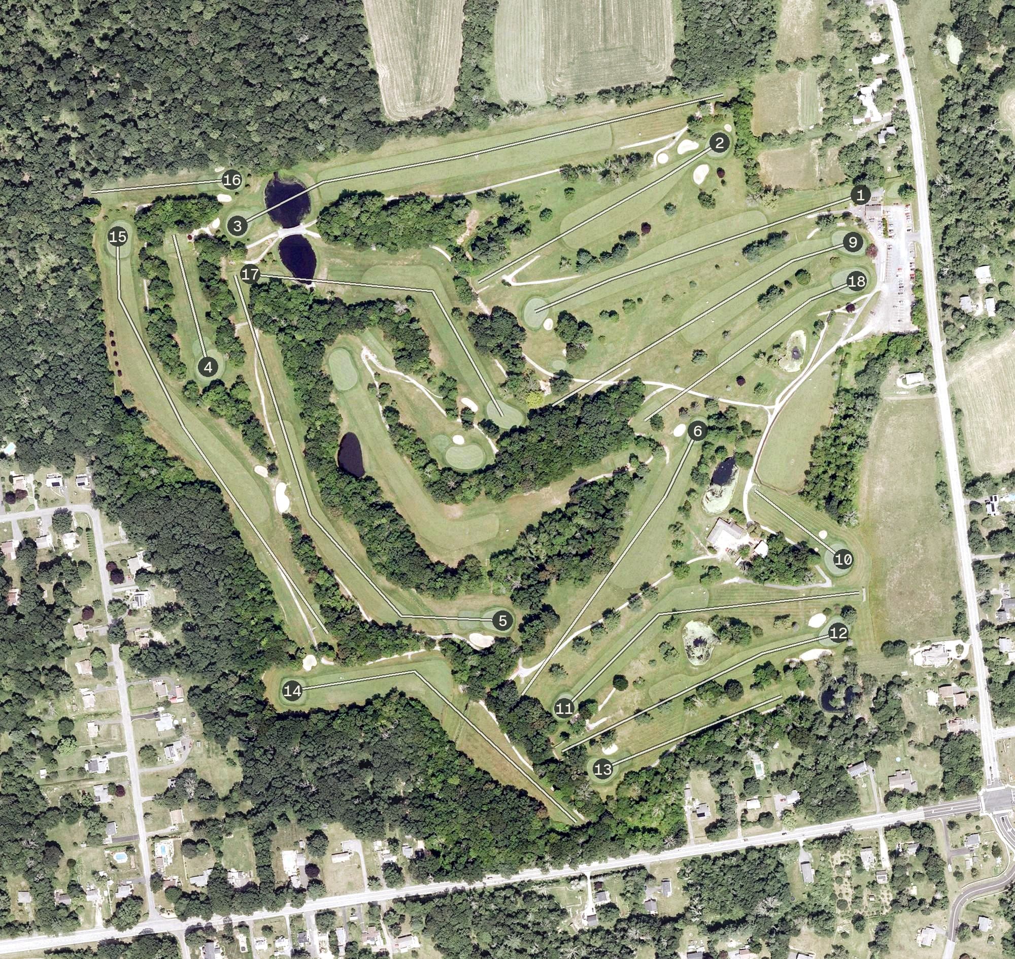 Aerial view of Twin Hills Country Club, CT, with its hole routing marked