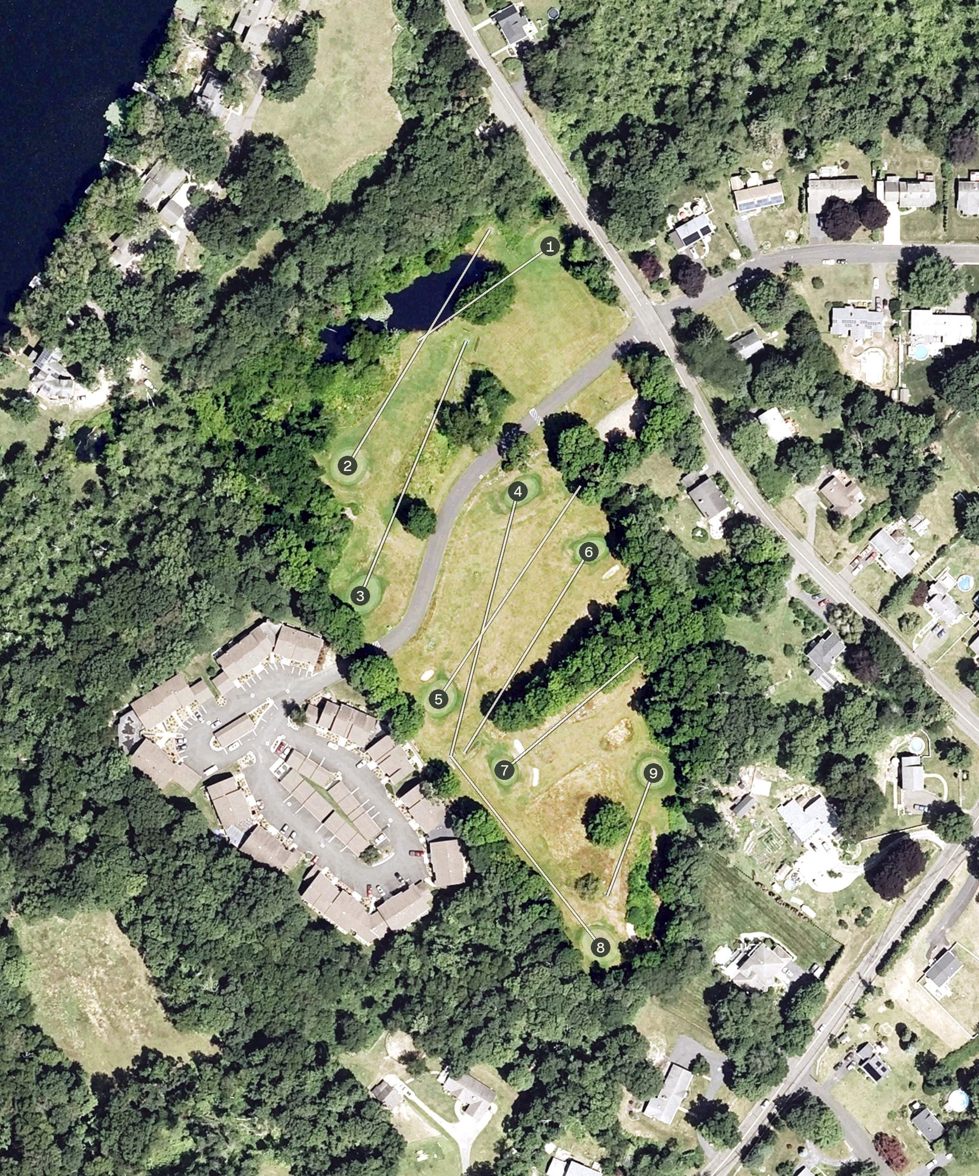 Aerial view of Twin Lakes Golf Course, CT, with its hole routing marked