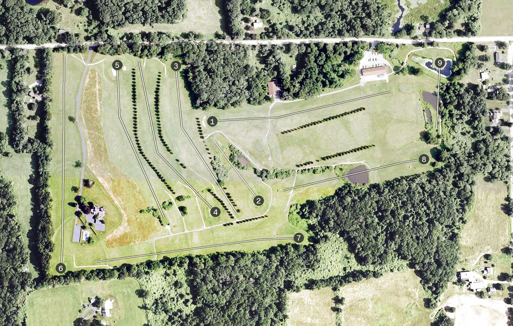 Aerial view of Vineyard Valley Golf Club, CT, with its hole routing marked