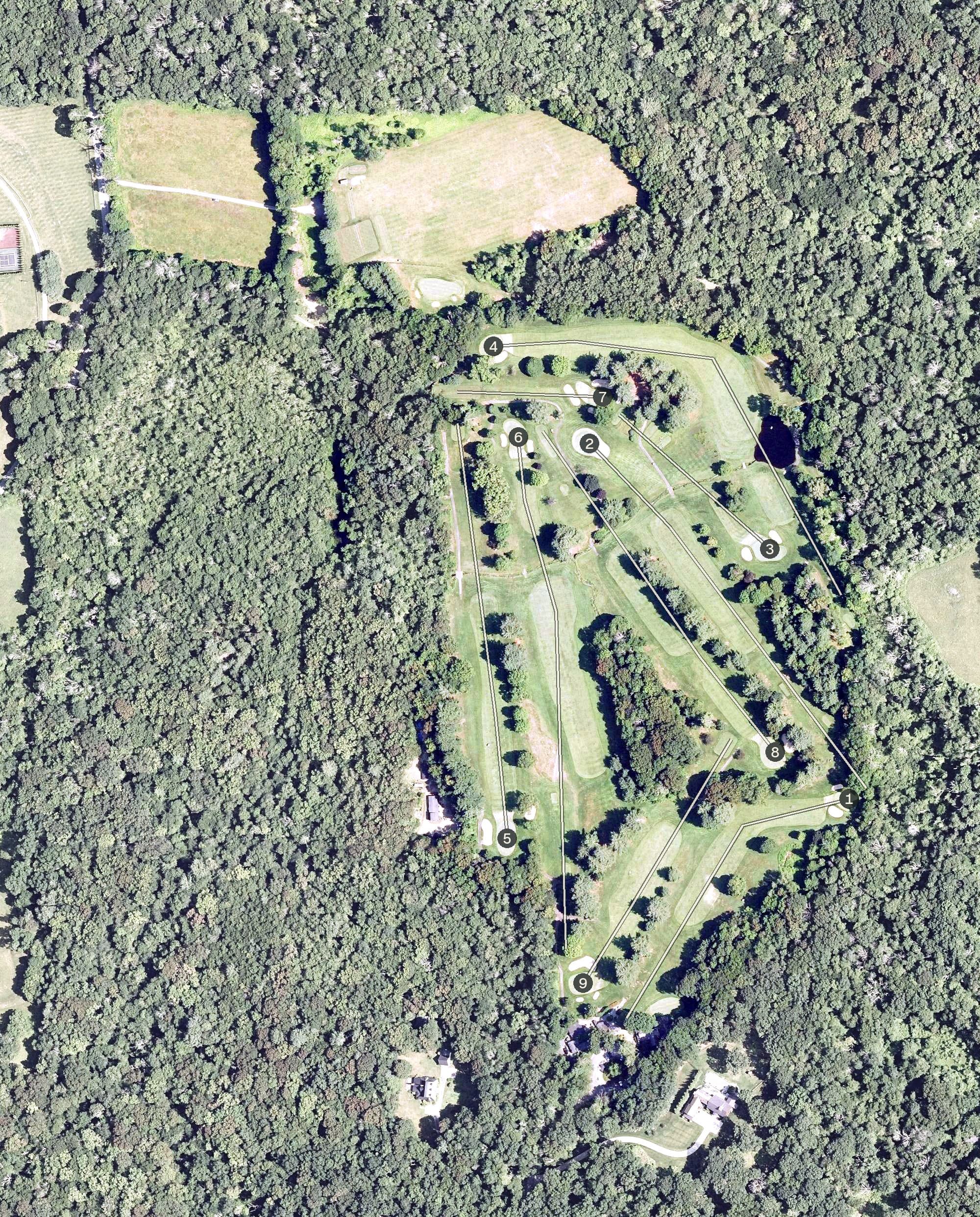 Aerial view of Washington Golf Course, CT, with its hole routing marked