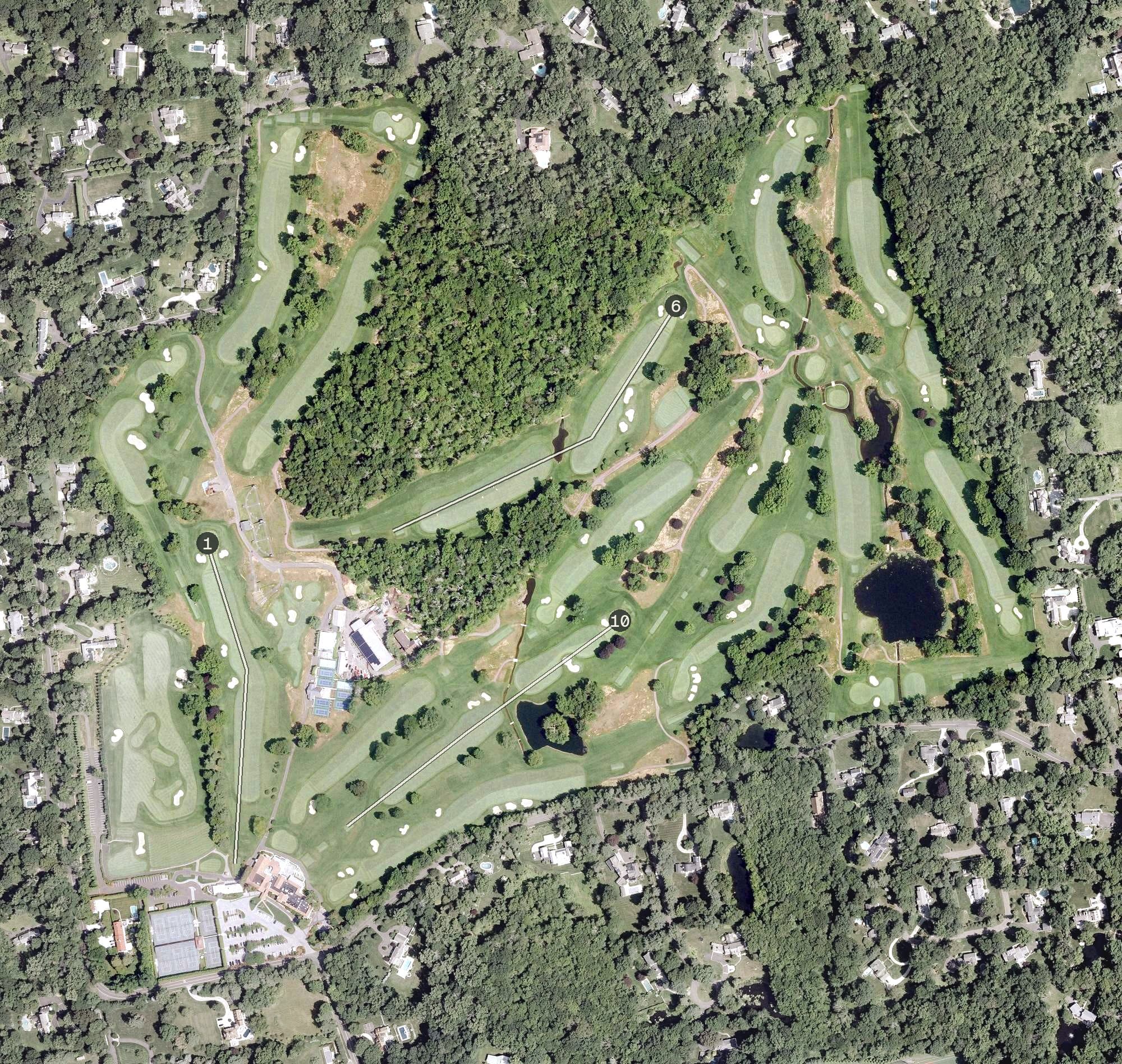 Aerial view of Wee Burn Country Club, CT, with its hole routing marked