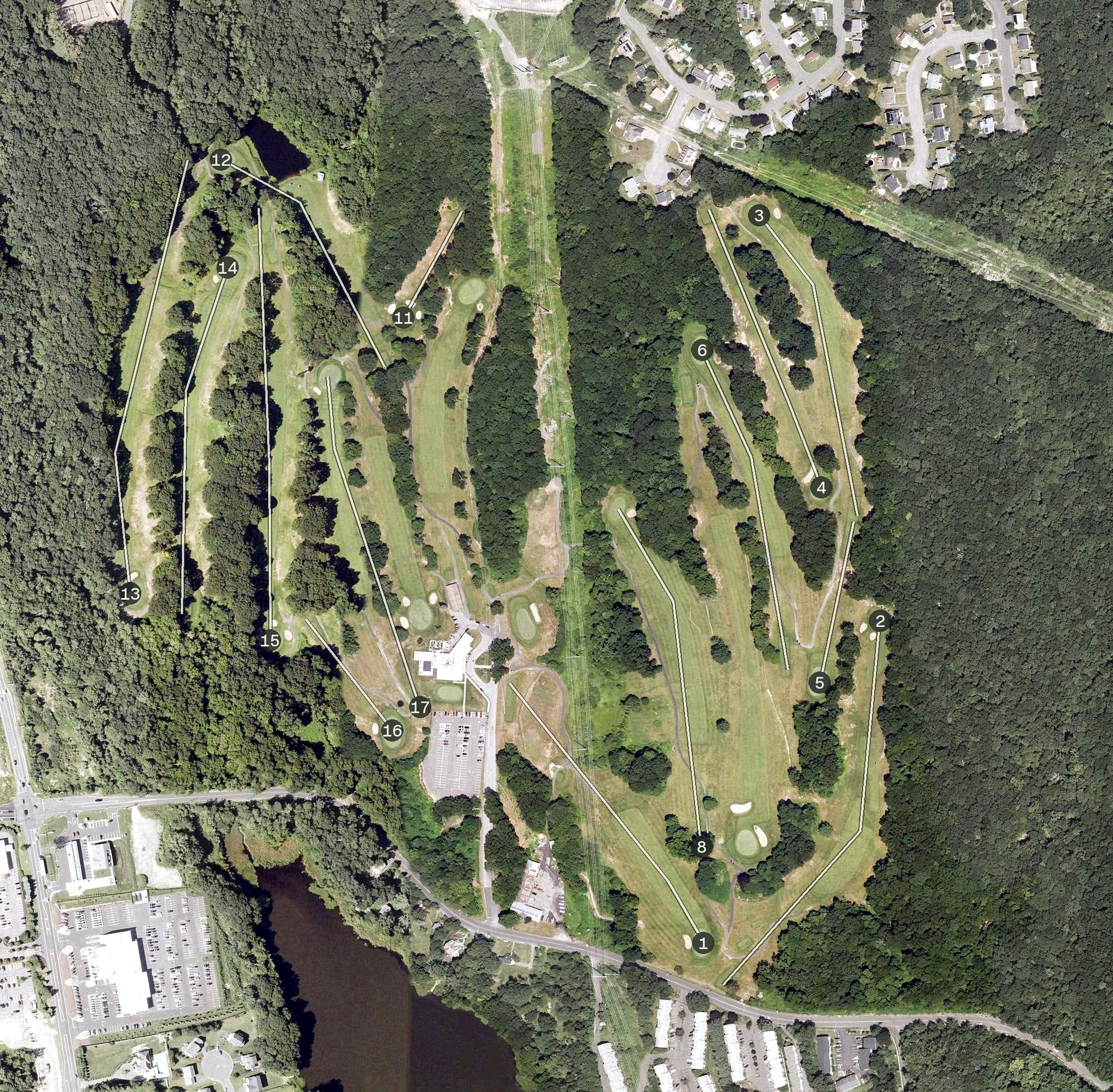 Aerial view of Western Hills Golf Course, CT, with its hole routing marked