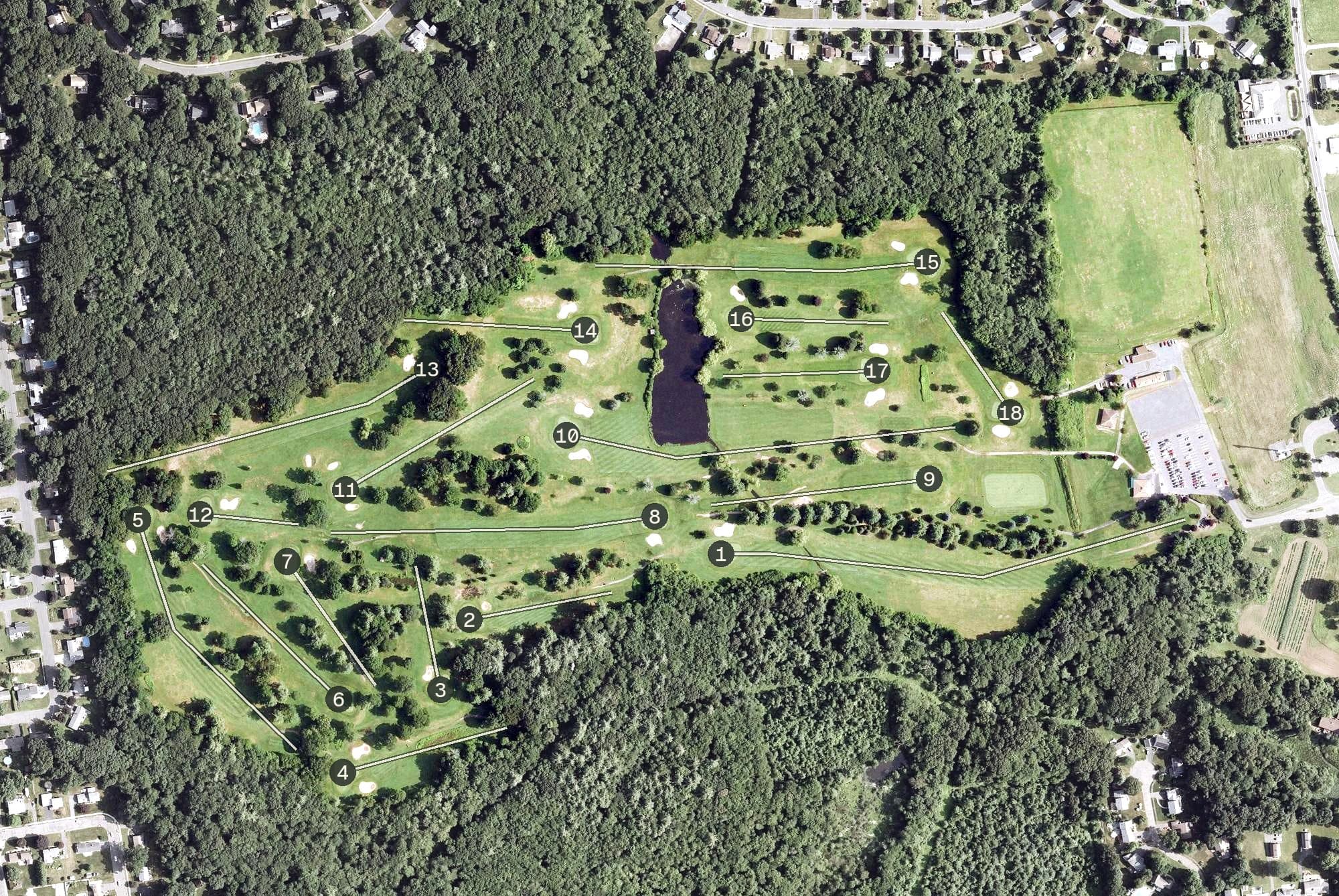 Aerial view of Westwoods Golf Course, CT, with its hole routing marked
