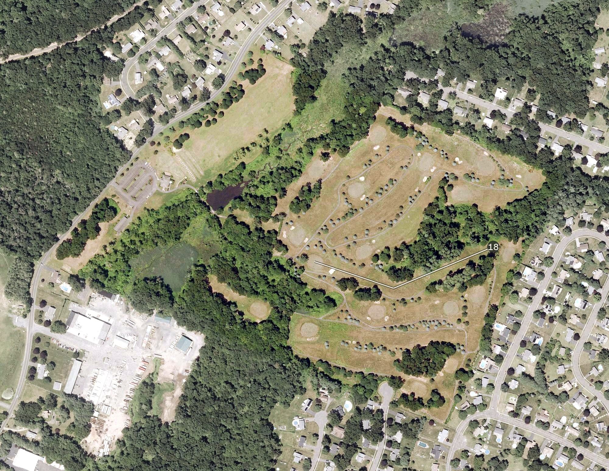 Aerial view of Willow Brook Golf Course, CT, with its hole routing marked