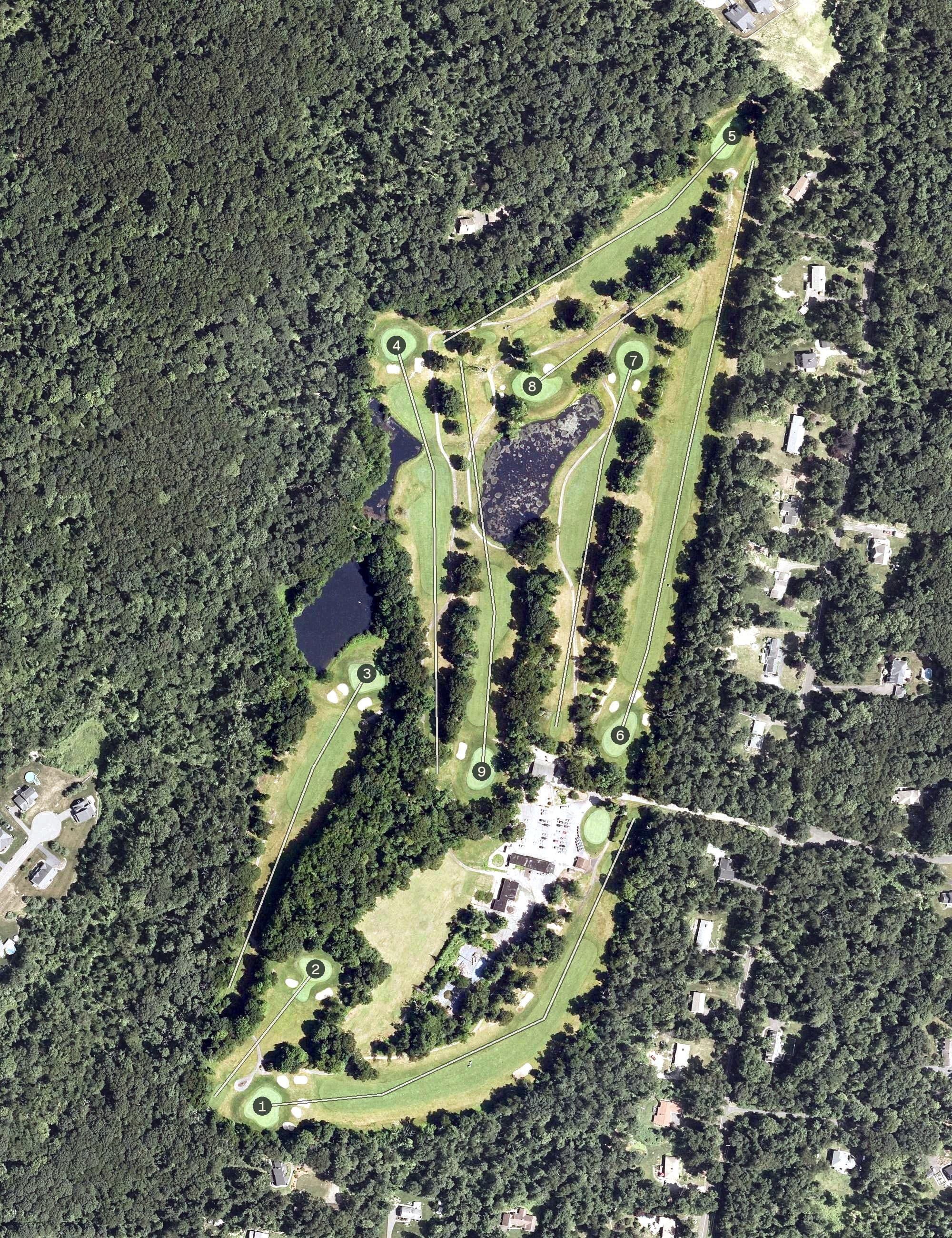 Aerial view of Woodhaven Country Club, CT, with its hole routing marked