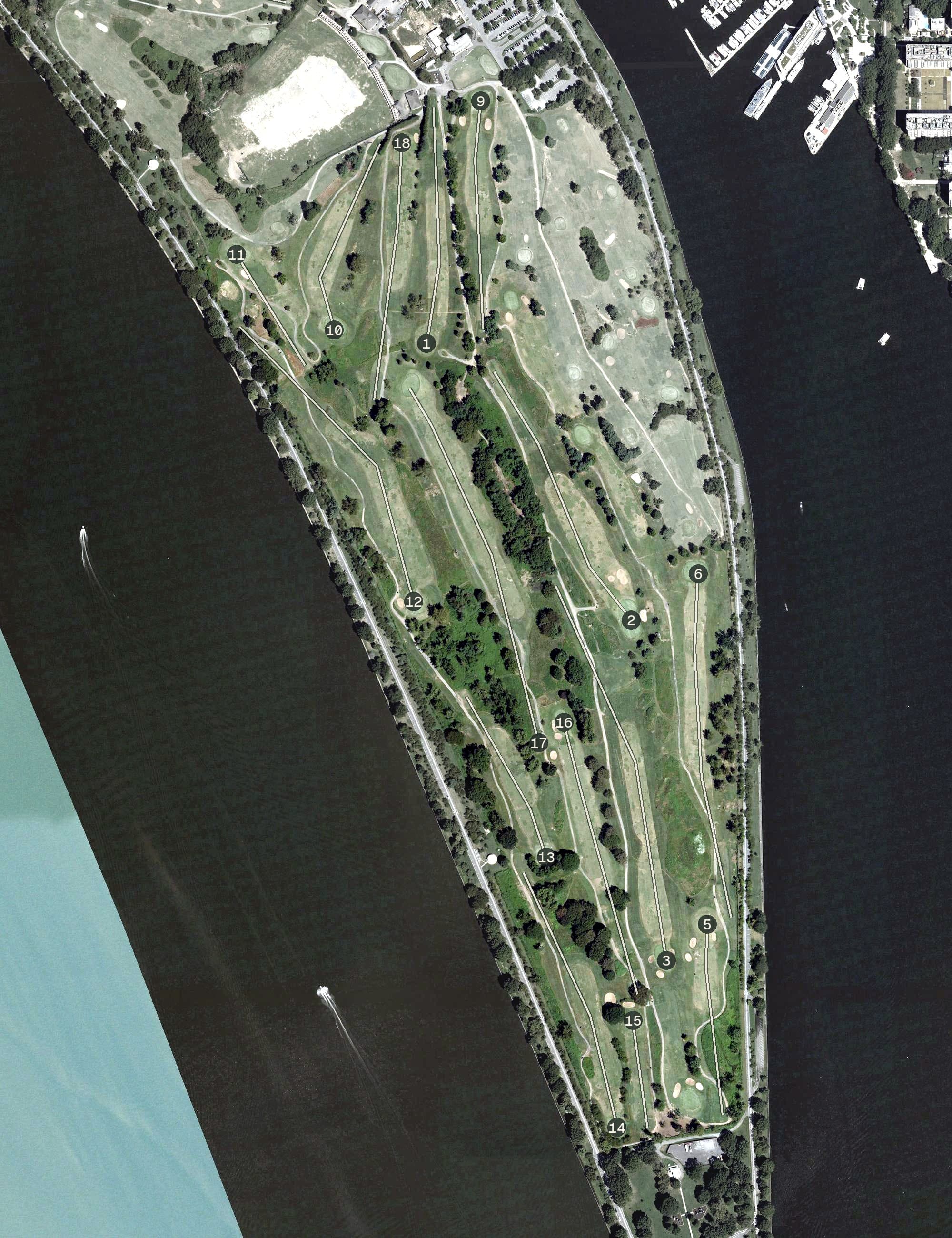 Aerial view of East Potomac Blue Course, DC, with its hole routing marked