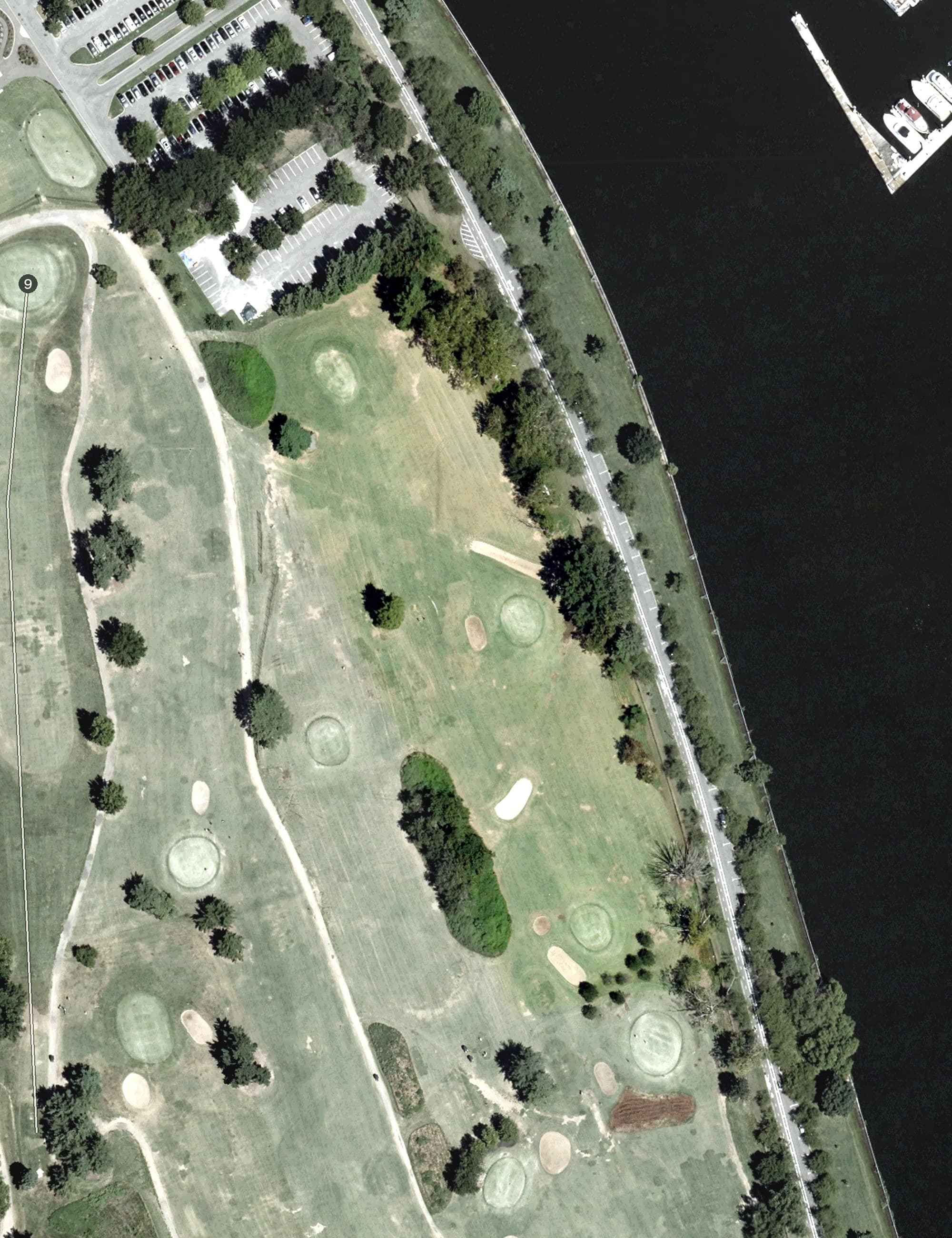 Aerial view of East Potomac Practice Holes, DC, with its hole routing marked