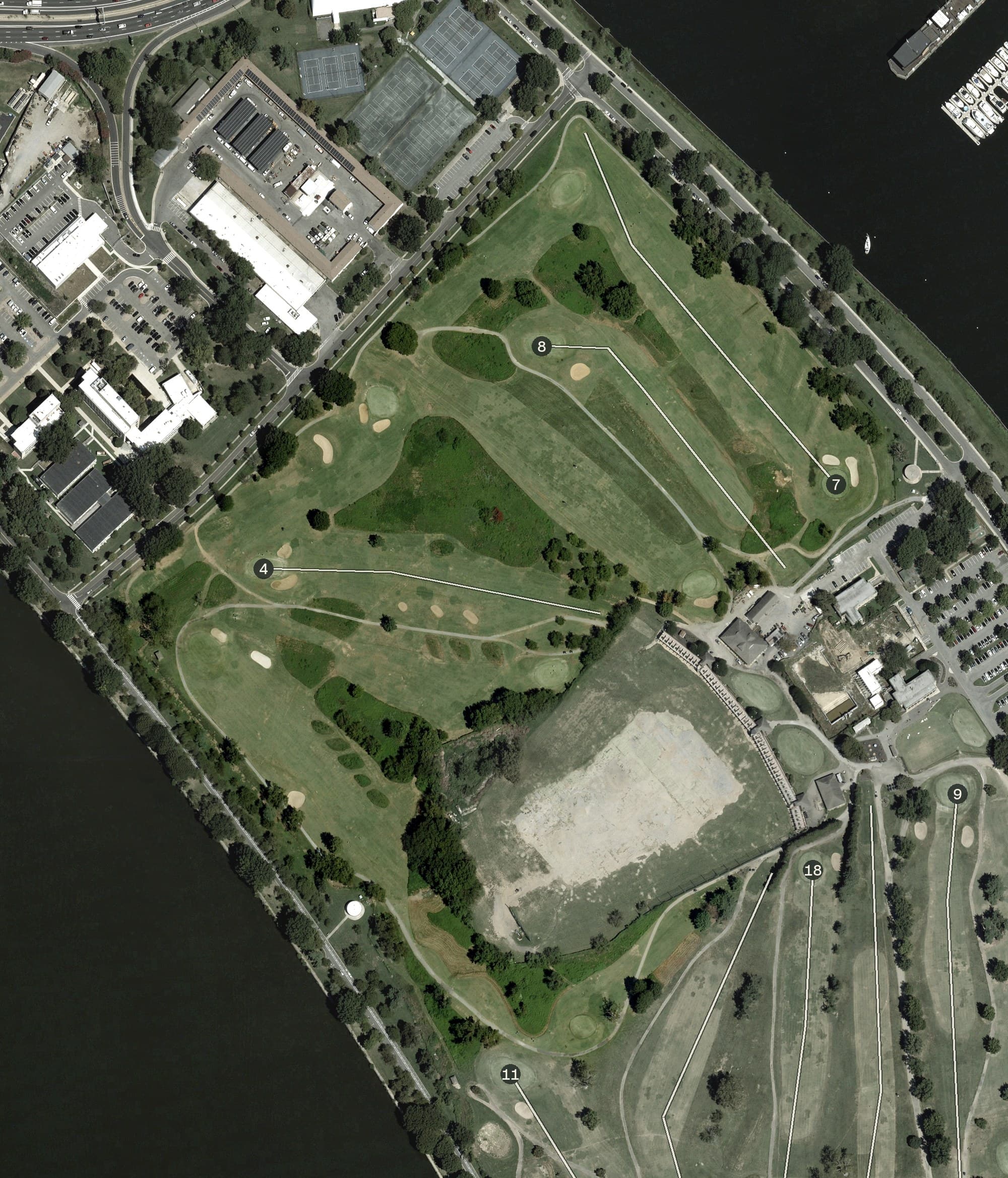 Aerial view of East Potomac White Course, DC, with its hole routing marked