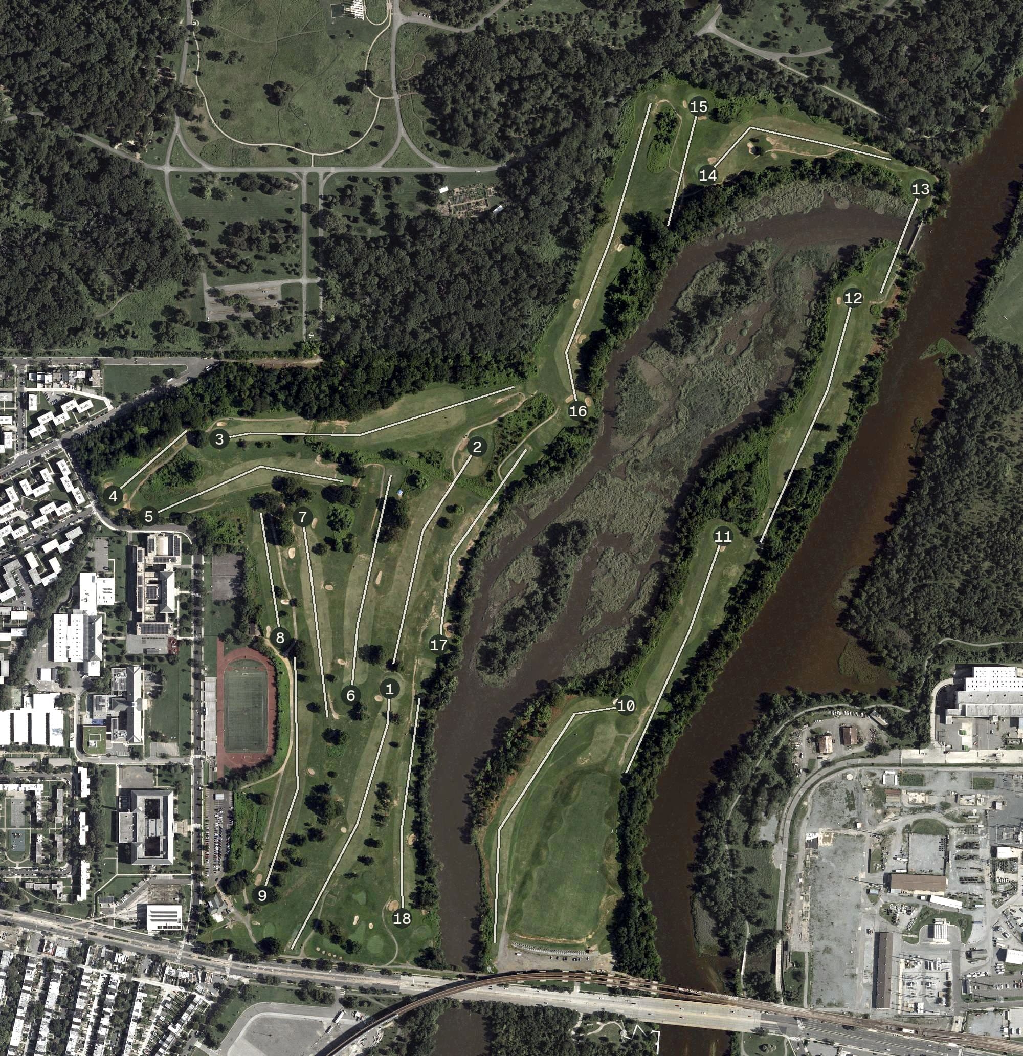 Aerial view of Langston Golf Course, DC, with its hole routing marked