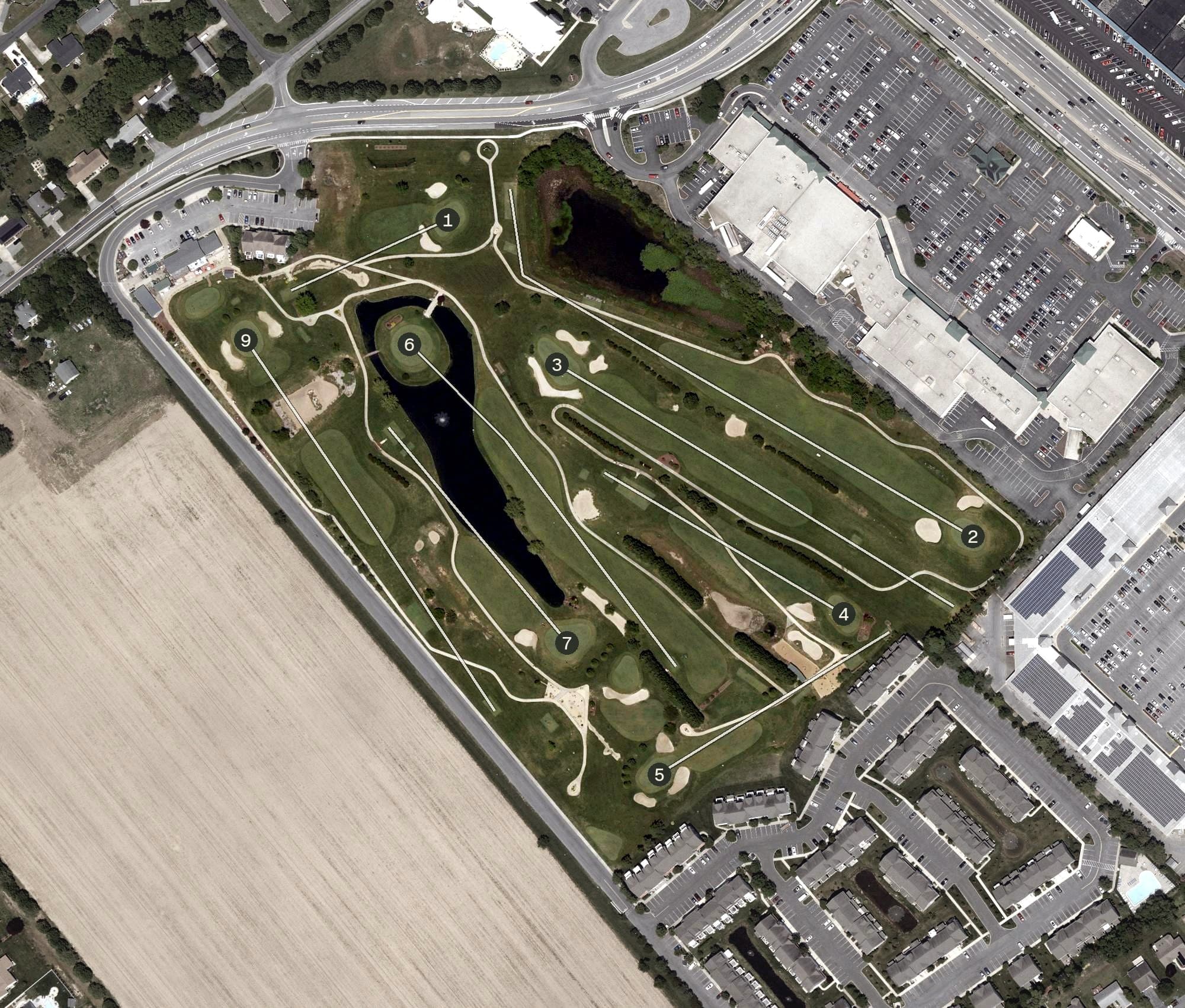 Aerial view of American Classic Golf Club, DE, with its hole routing marked