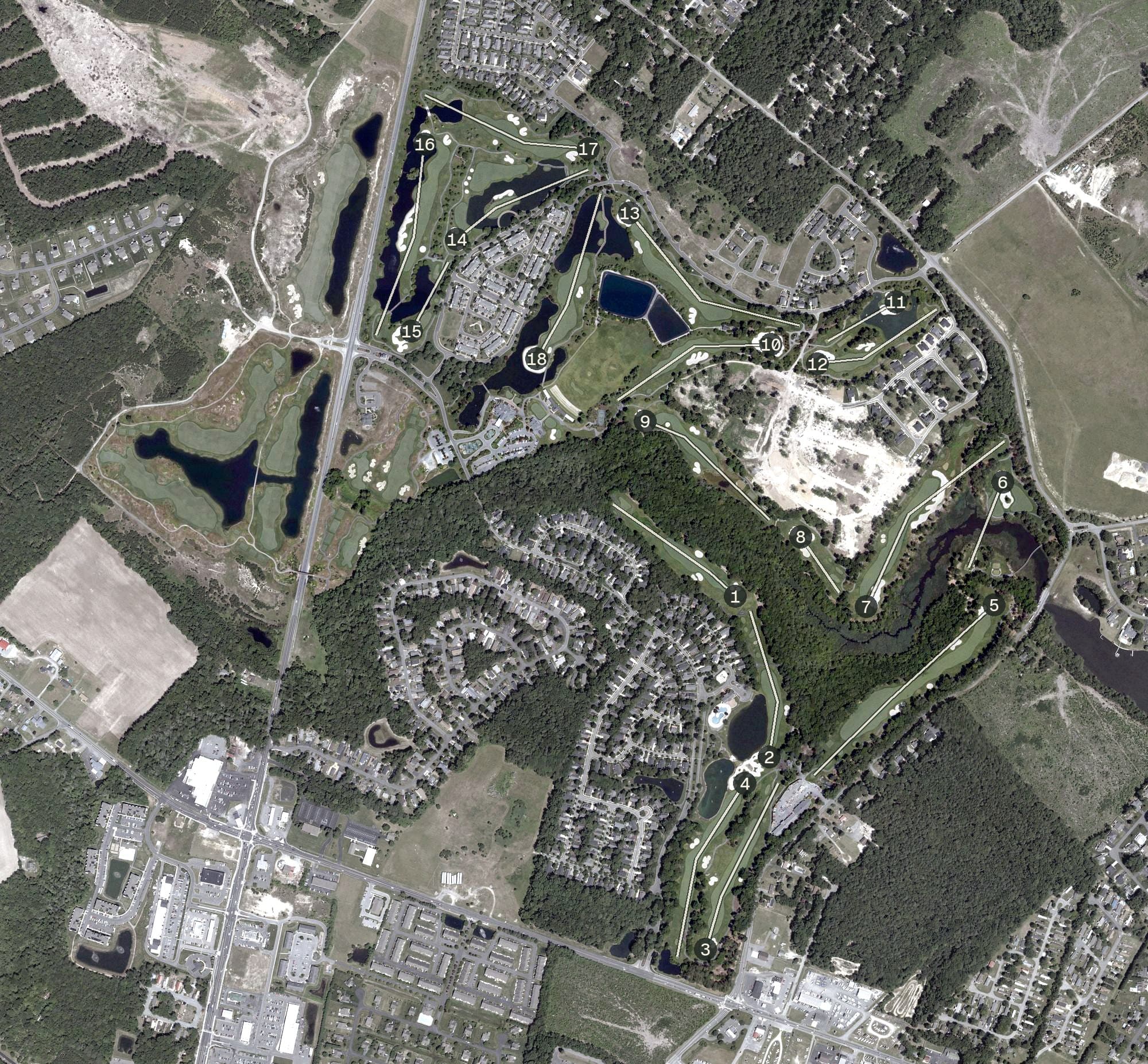 Aerial view of Baywood Greens Golf Course, DE, with its hole routing marked