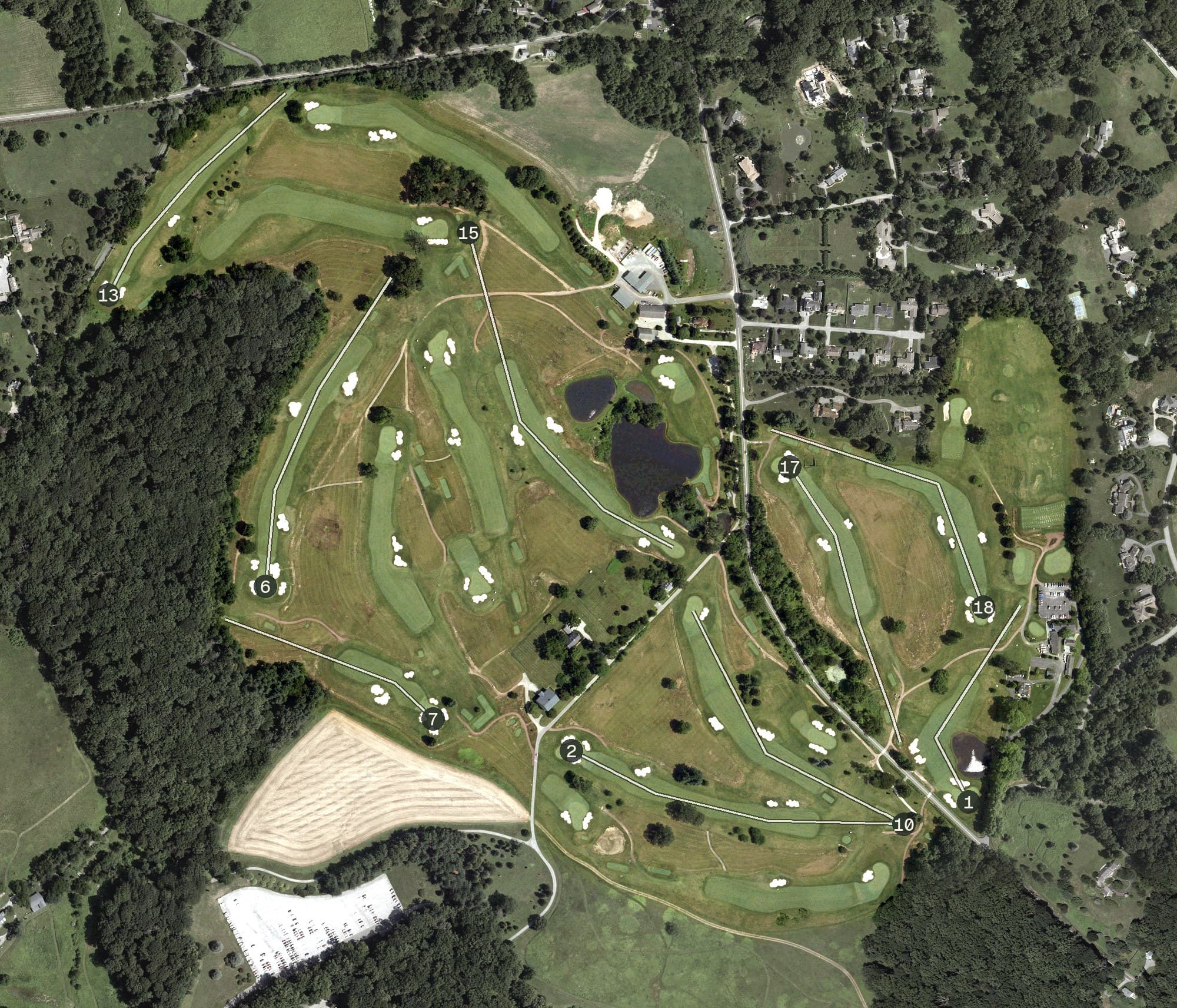 Aerial view of Bidermann Golf Course, DE, with its hole routing marked