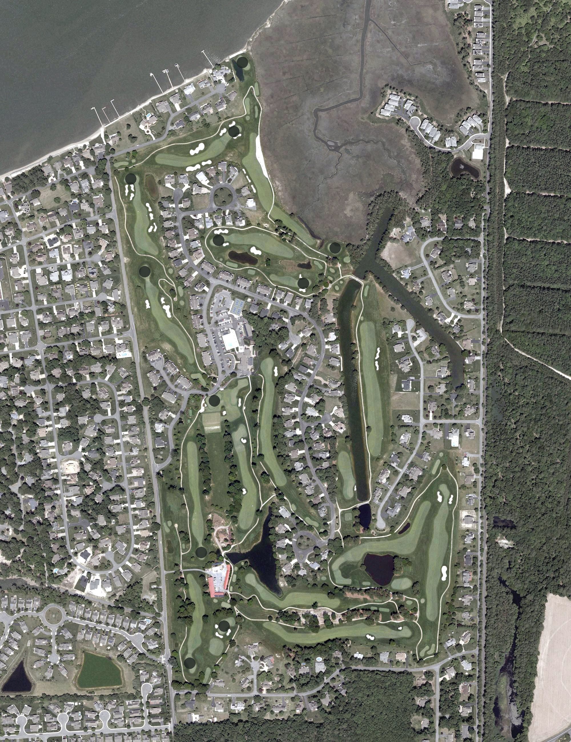 Aerial view of Cripple Creek Golf & Country Club, DE, with its hole routing marked