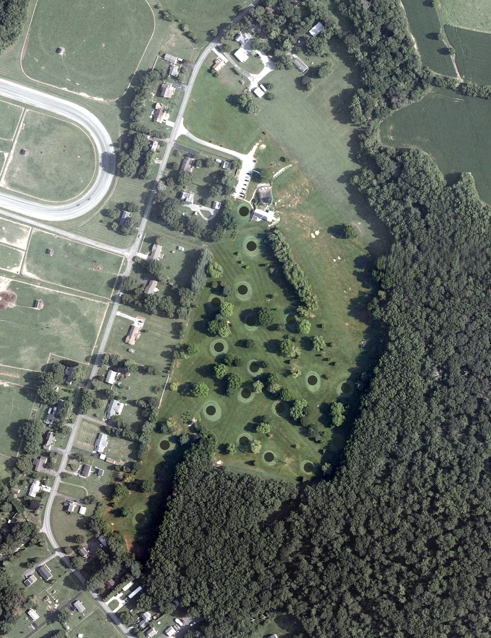 Aerial view of Dover Par 3 & Driving Range, DE, with its hole routing marked