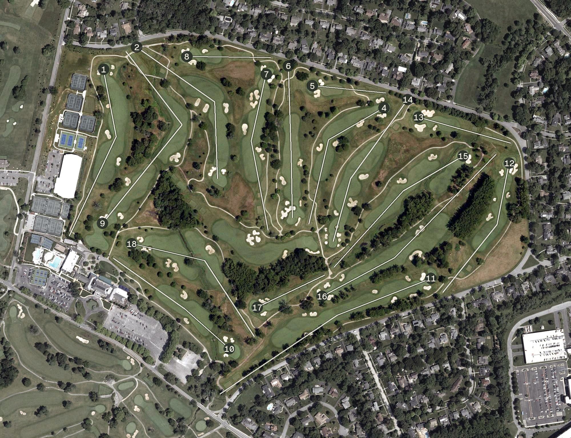 Aerial view of DuPont Championship Course, DE, with its hole routing marked