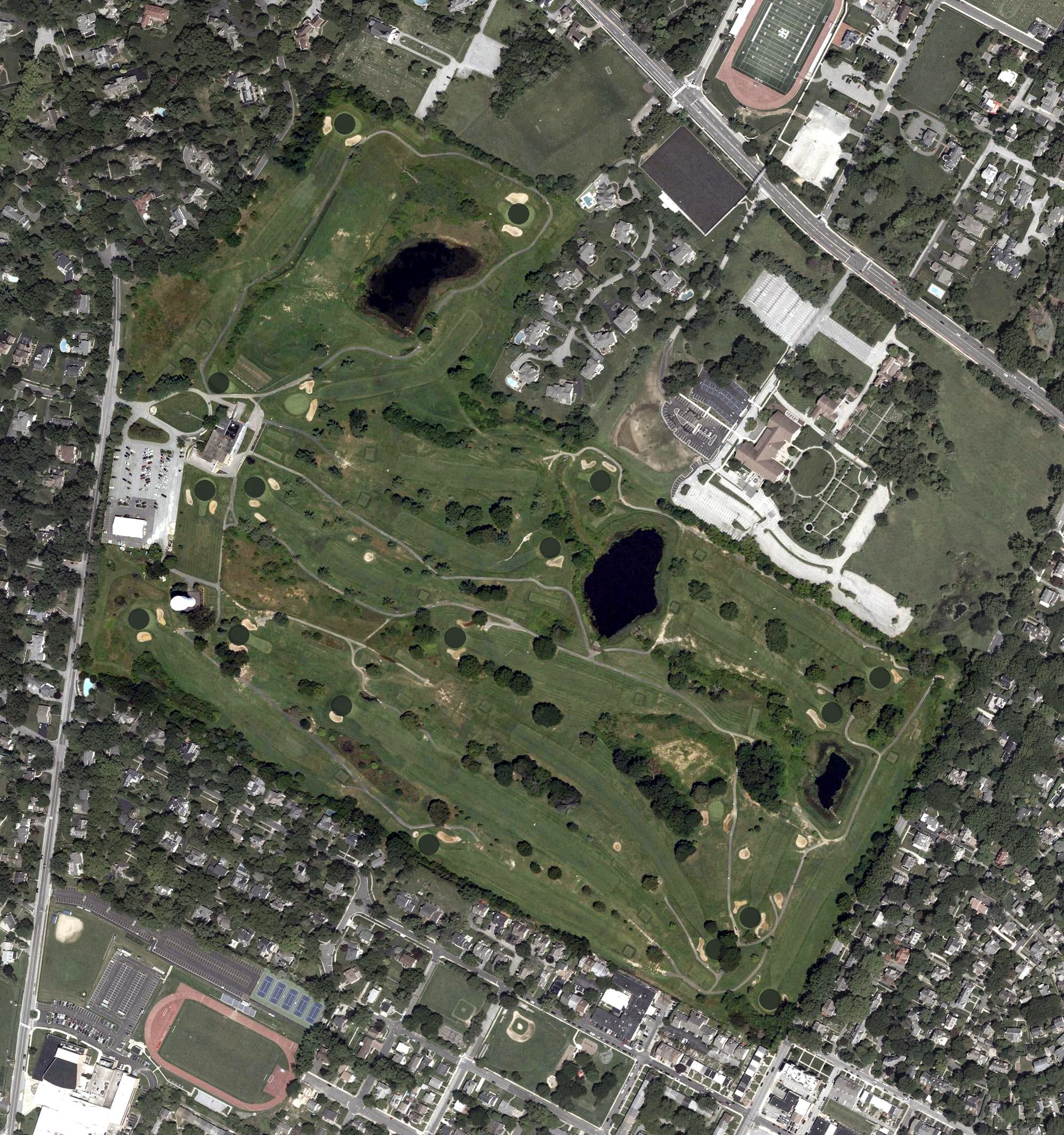 Aerial view of Ed Oliver Golf Club, DE, with its hole routing marked