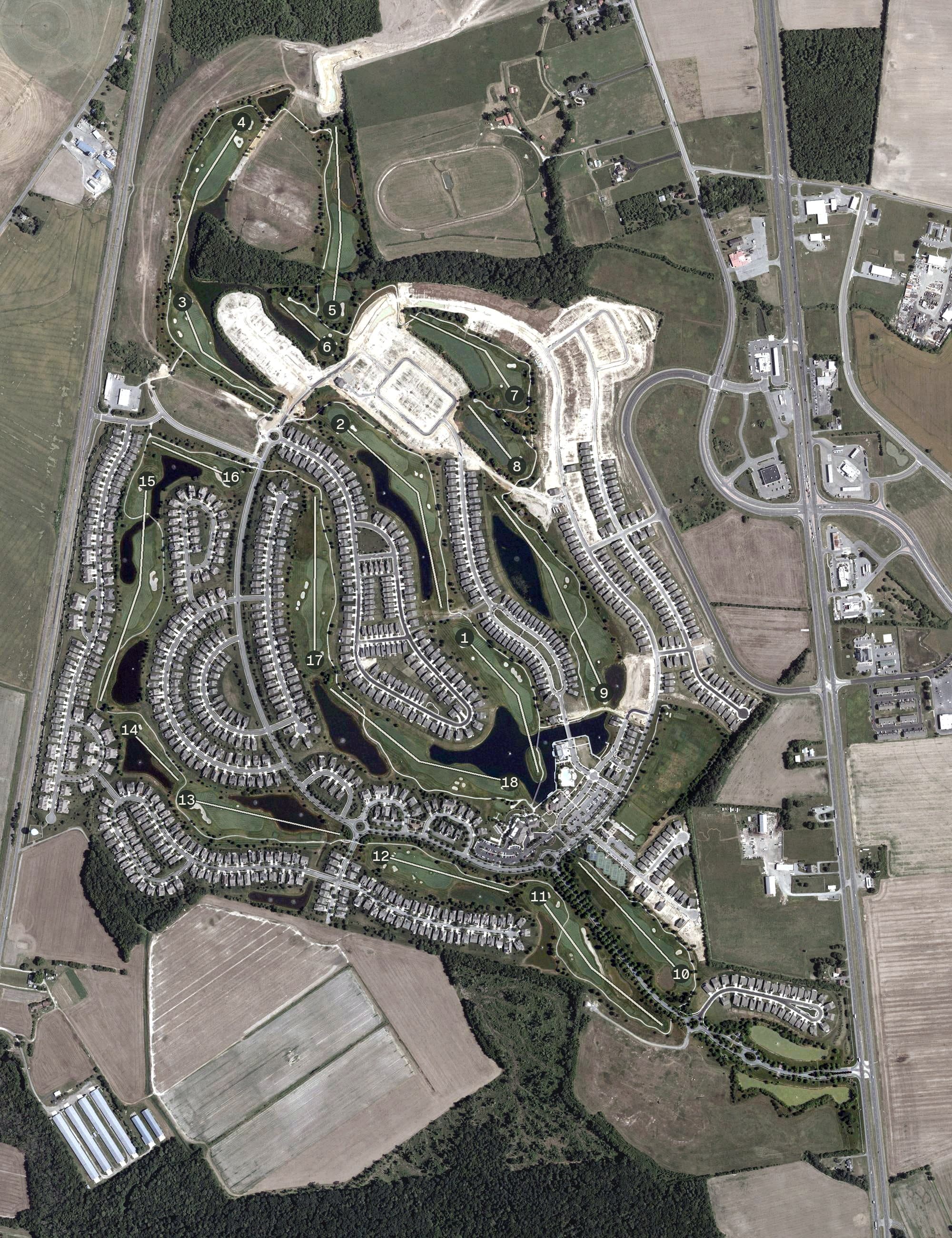 Aerial view of Heritage Shores Club, DE, with its hole routing marked