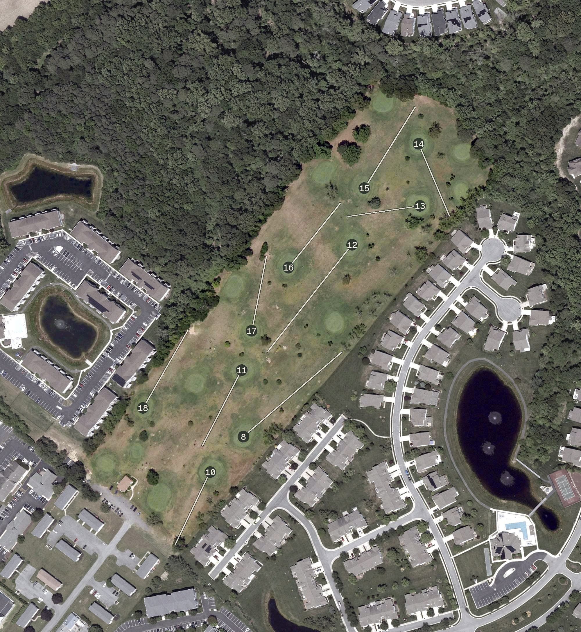 Aerial view of Midway Par 3, DE, with its hole routing marked