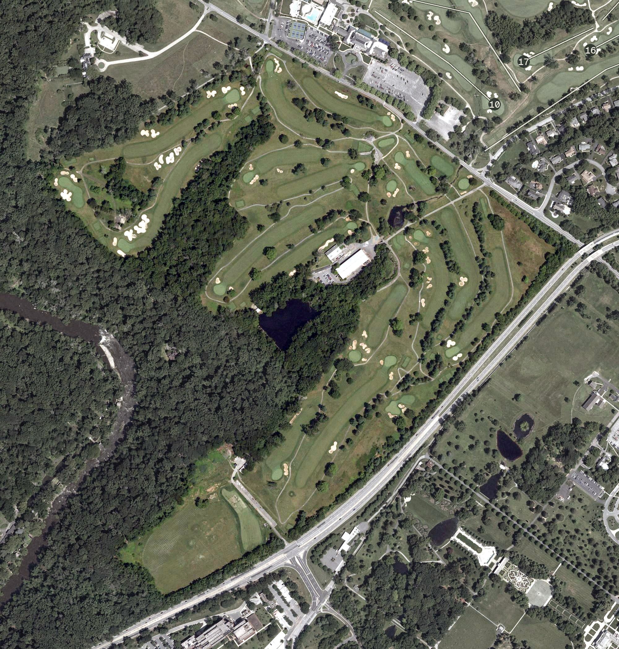 Aerial view of Montchanin Course, DE, with its hole routing marked