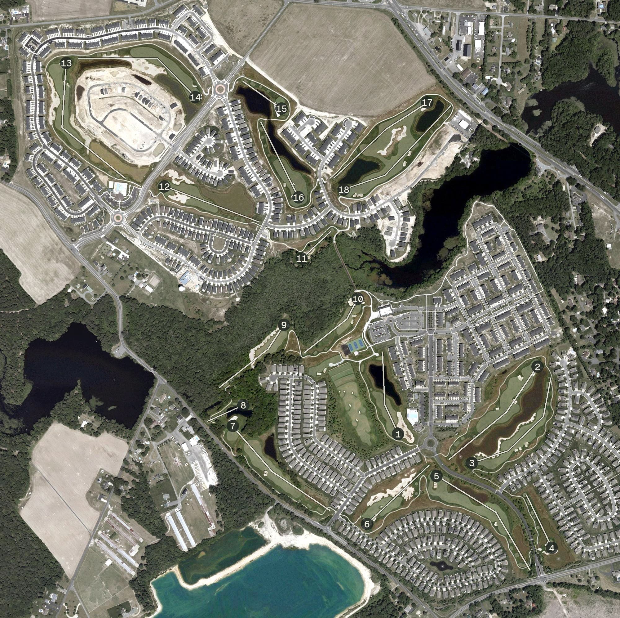 Aerial view of Plantation Lakes Golf Course, DE, with its hole routing marked