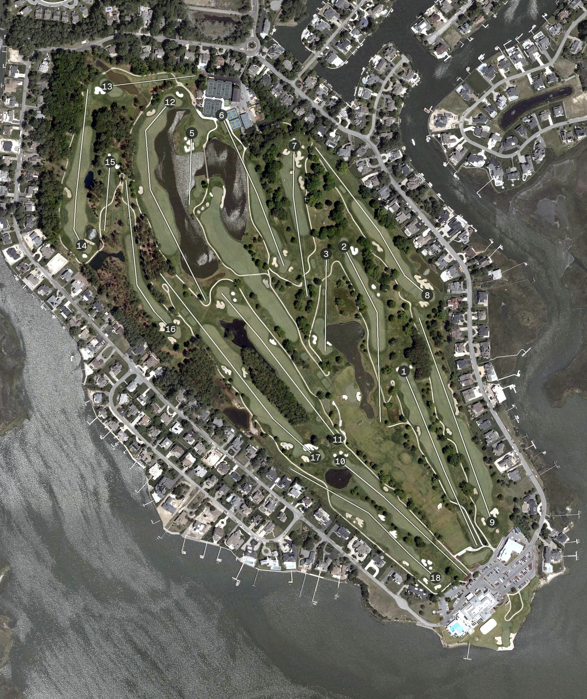 Aerial view of Rehoboth Beach Country Club, DE, with its hole routing marked