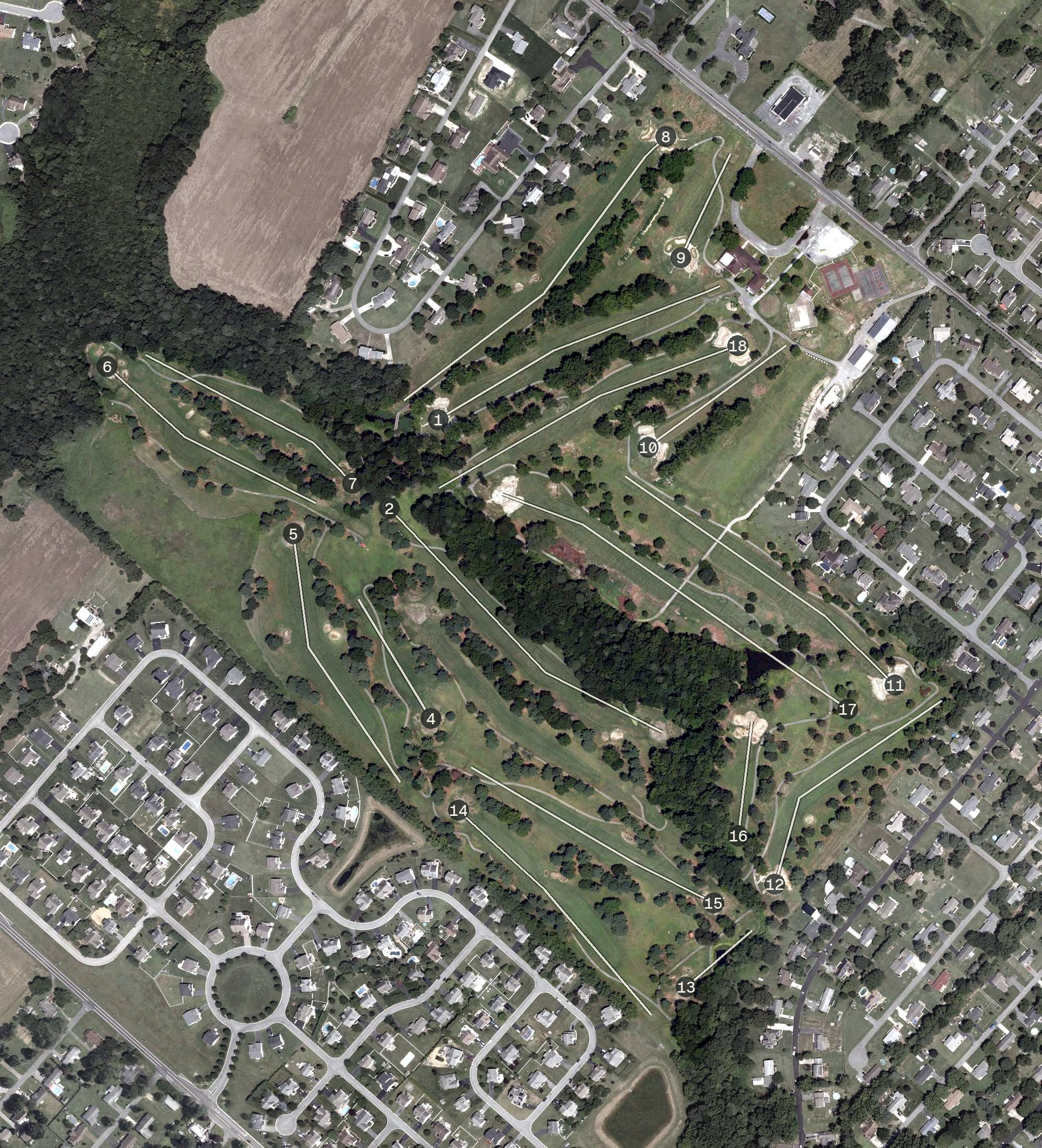 Aerial view of The Rookery North Course, DE, with its hole routing marked