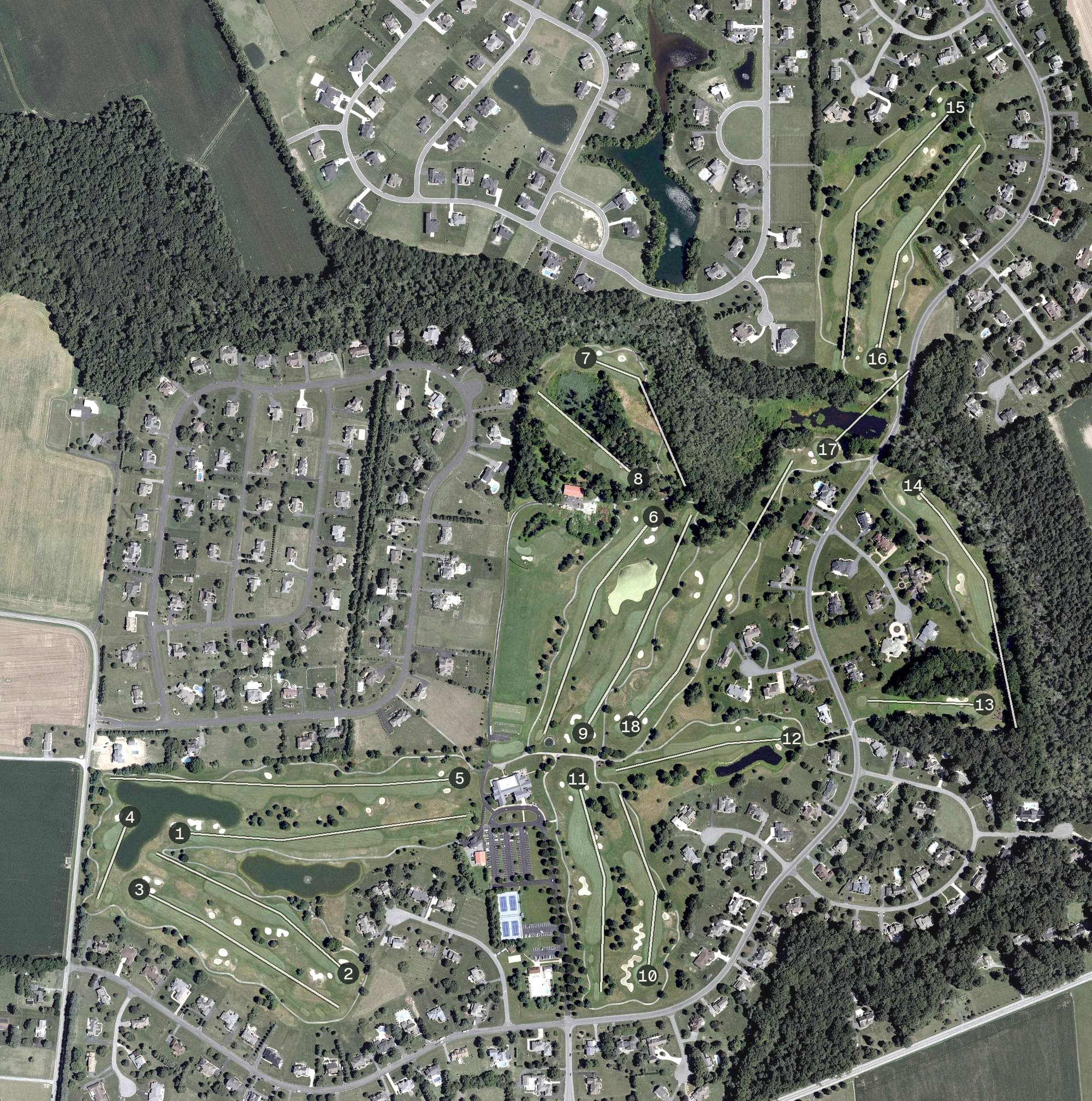 Aerial view of Wild Quail Golf and Country Club, DE, with its hole routing marked