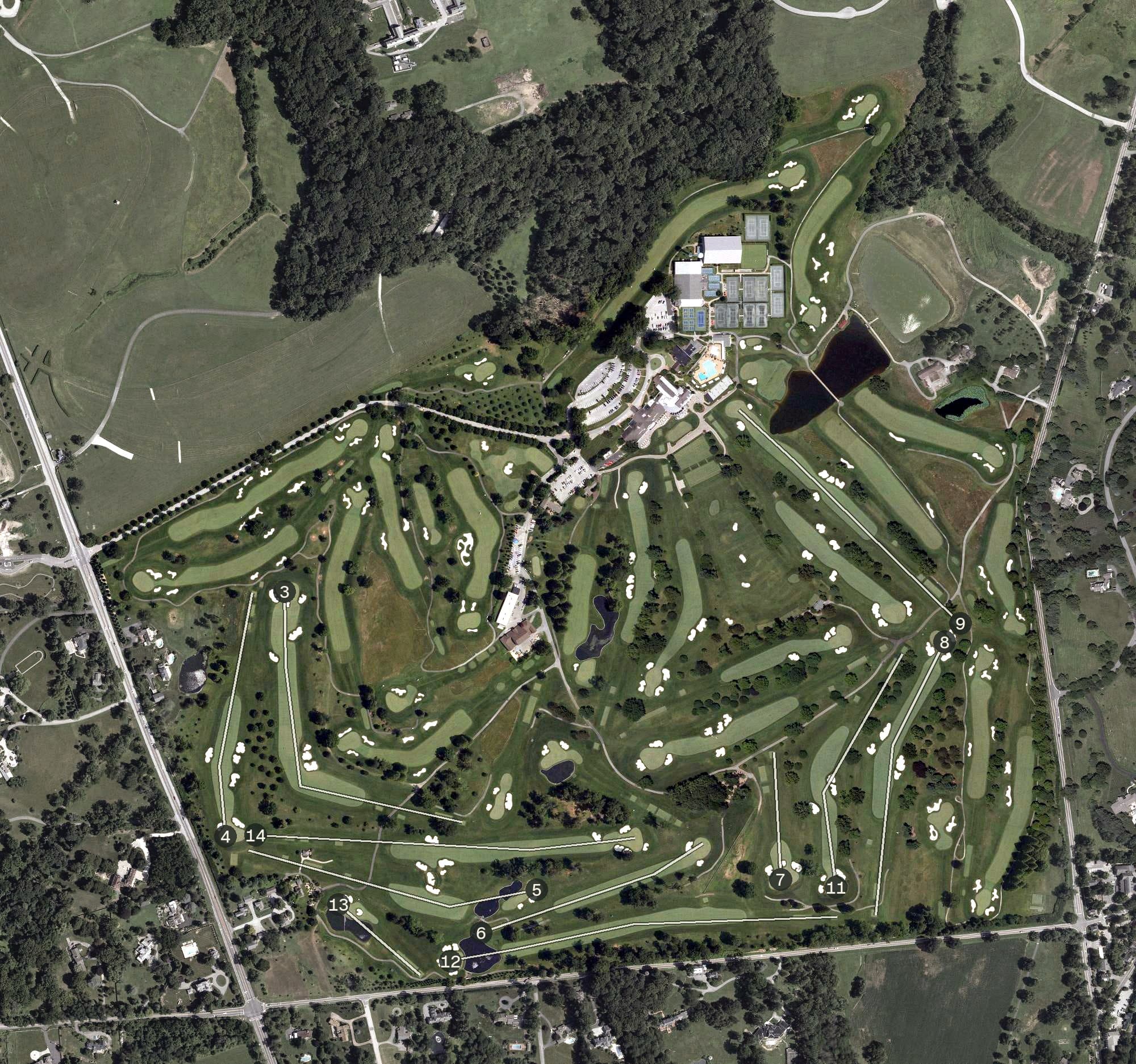 Aerial view of Wilmington Country Club, DE, with its hole routing marked
