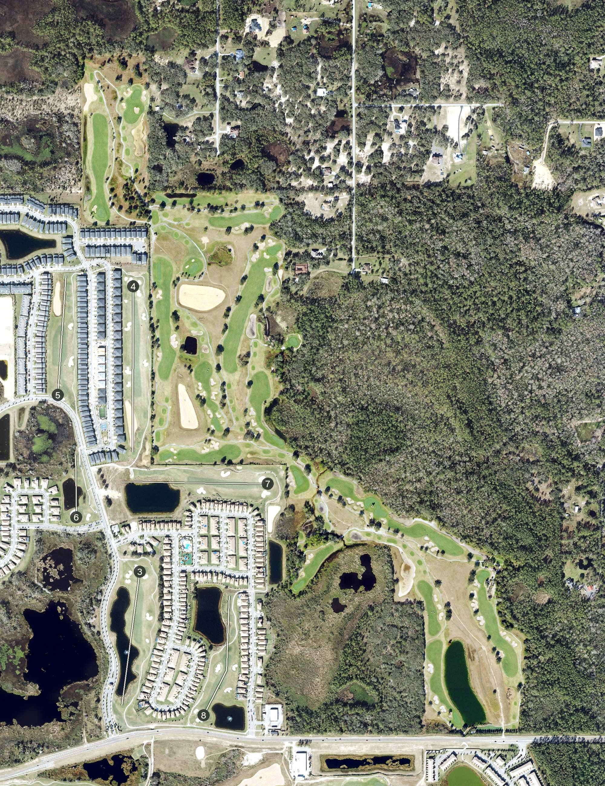Aerial view of 16 holes, FL, with its hole routing marked