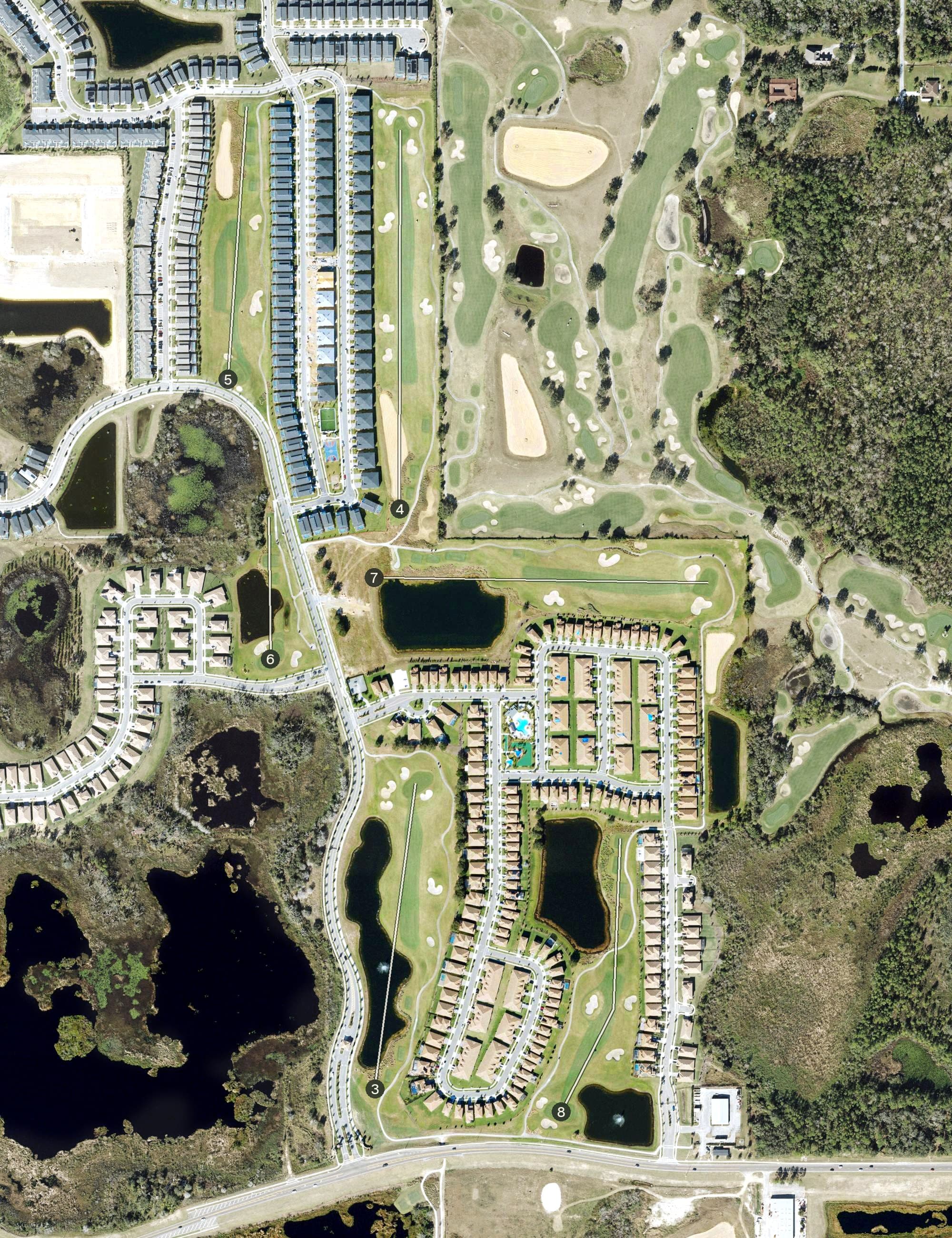 Aerial view of 5 holes, FL, with its hole routing marked