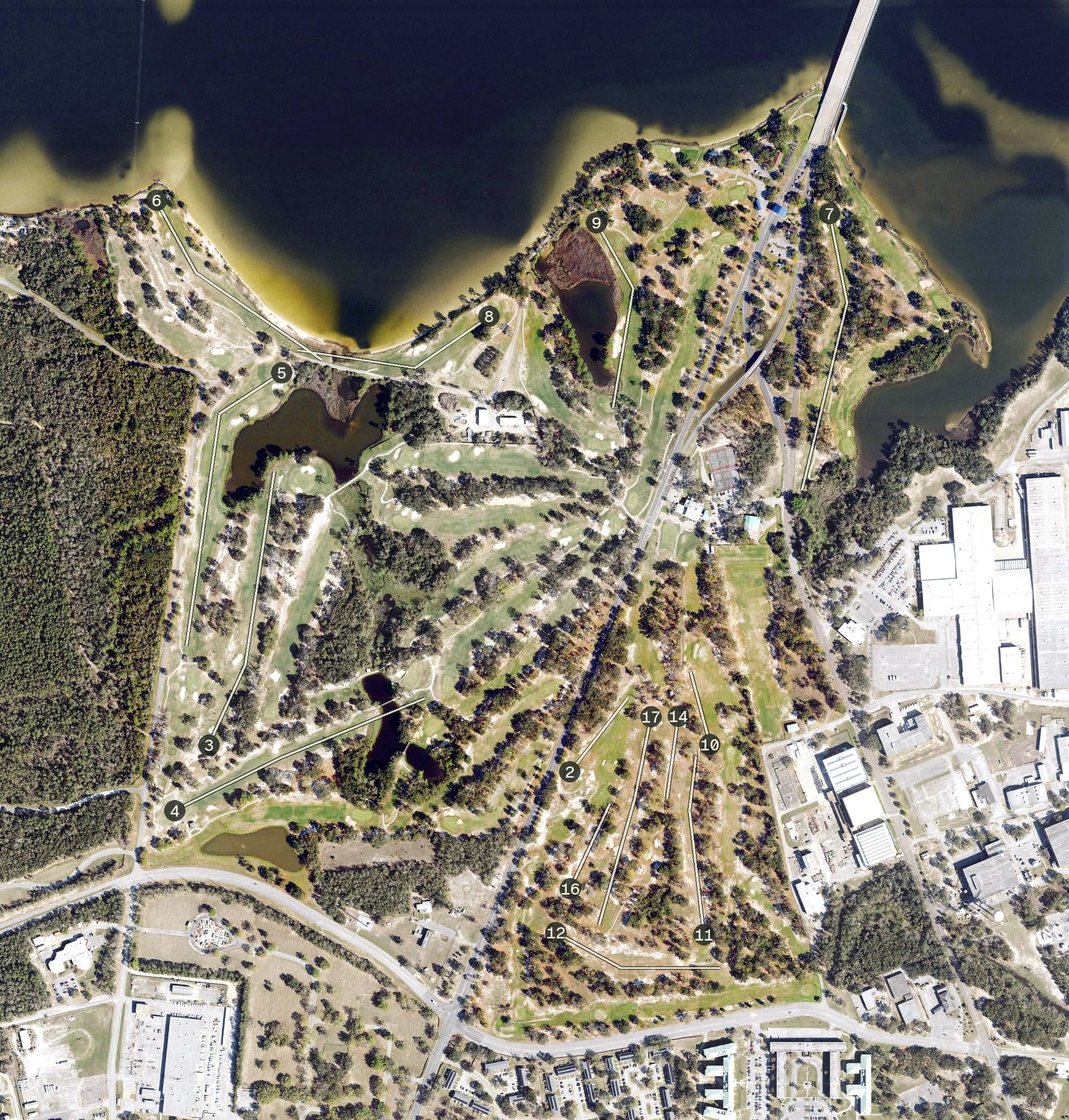 Aerial view of A.C. Read Golf Course, FL, with its hole routing marked