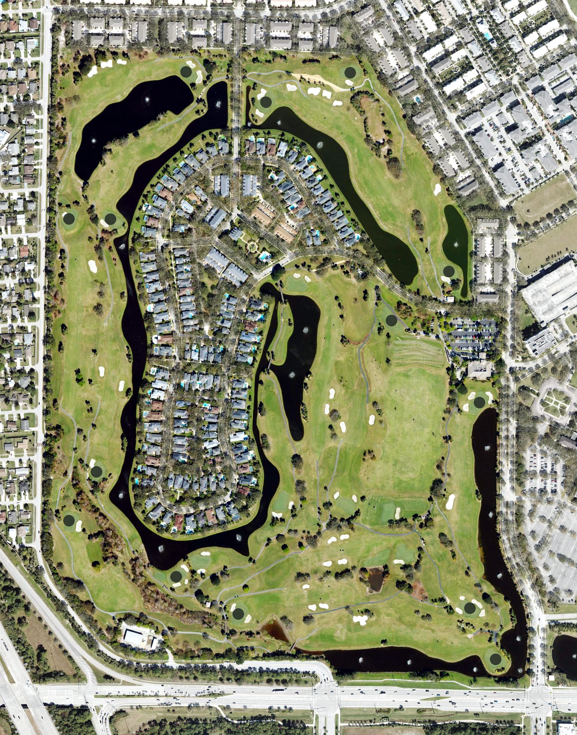 Aerial view of Abacoa Golf Club, FL, with its hole routing marked