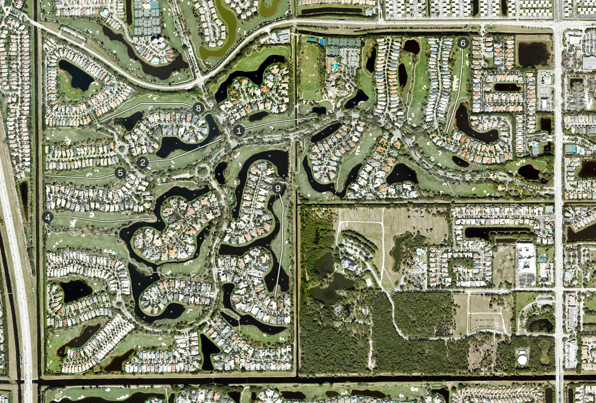 Aerial view of Addison Reserve Country Club, FL, with its hole routing marked