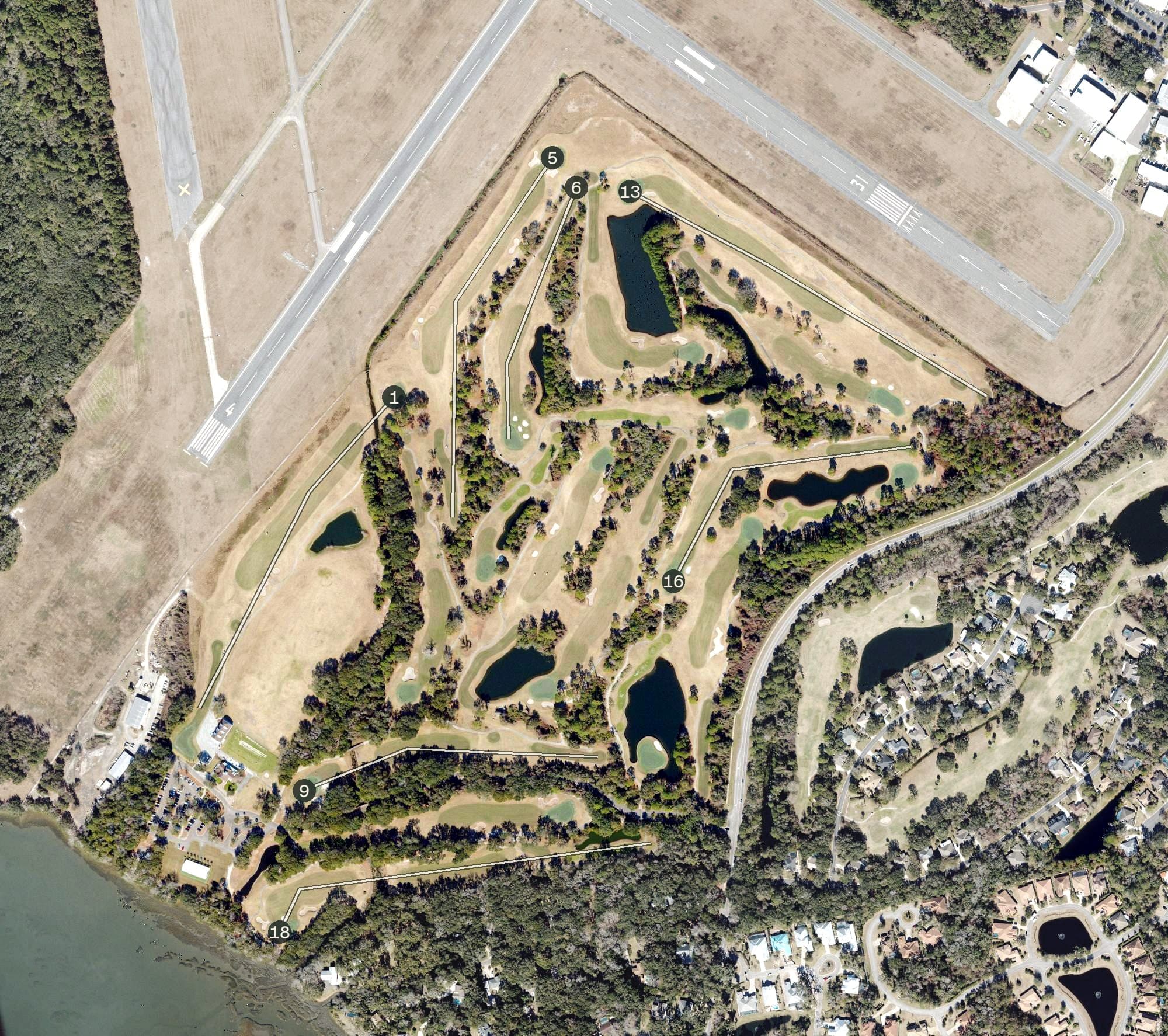 Aerial view of Amelia River Golf Course, FL, with its hole routing marked