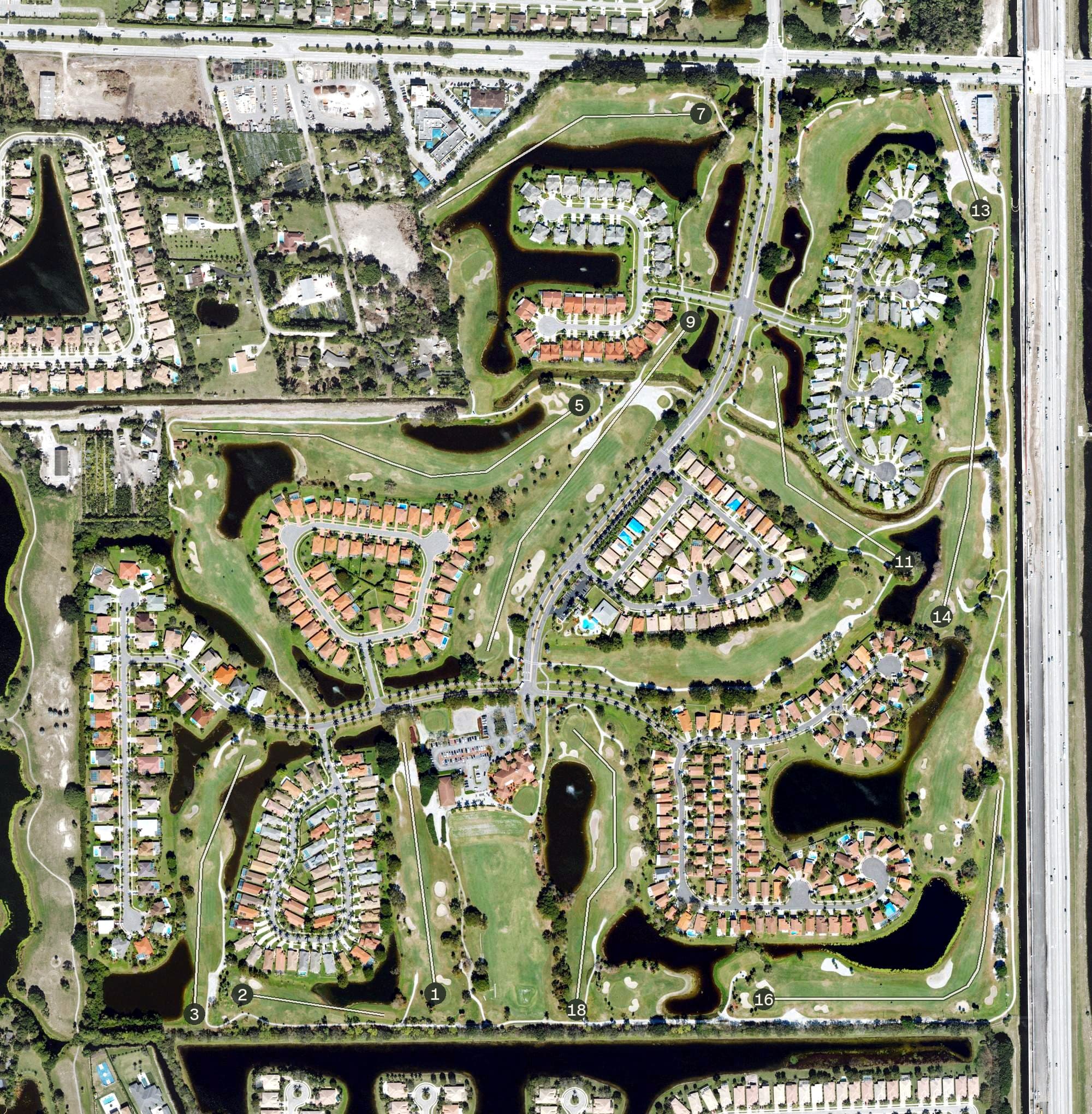 Aerial view of Atlantic National Golf Club, FL, with its hole routing marked