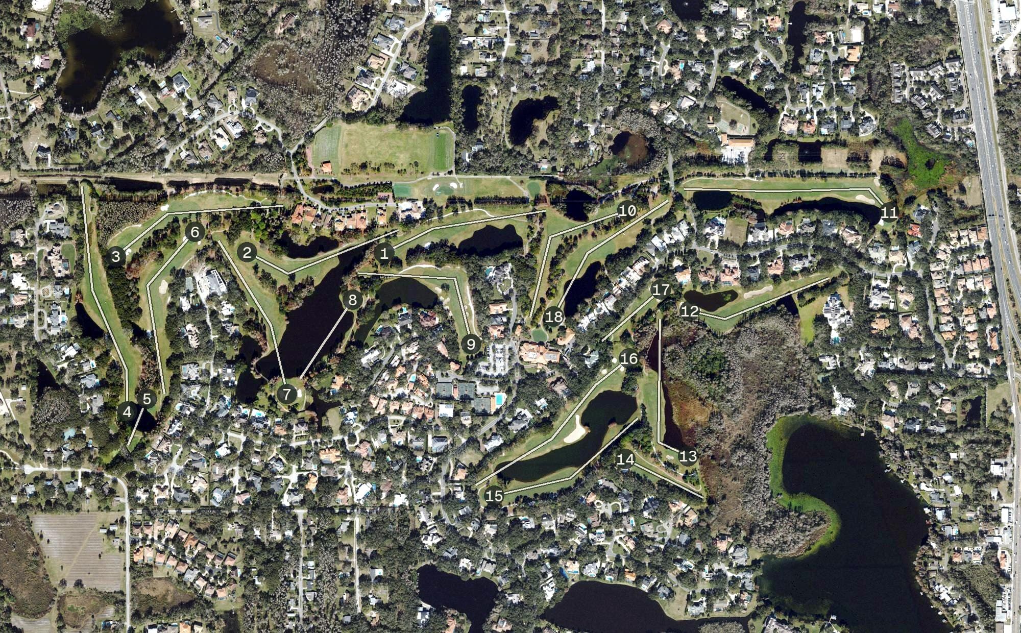 Aerial view of Avila Golf & Country Club, FL, with its hole routing marked