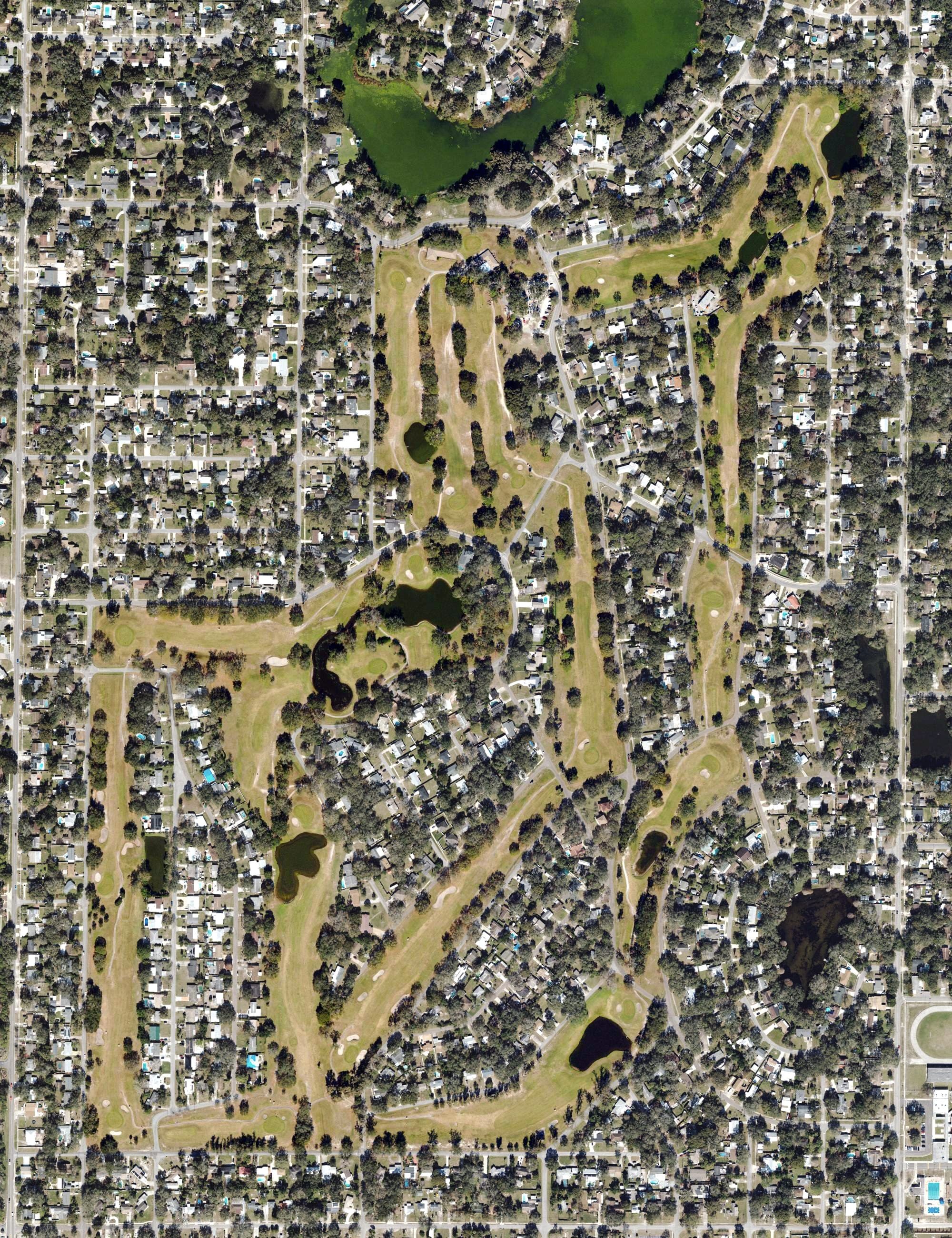 Aerial view of Babe Zaharias Golf Course, FL, with its hole routing marked