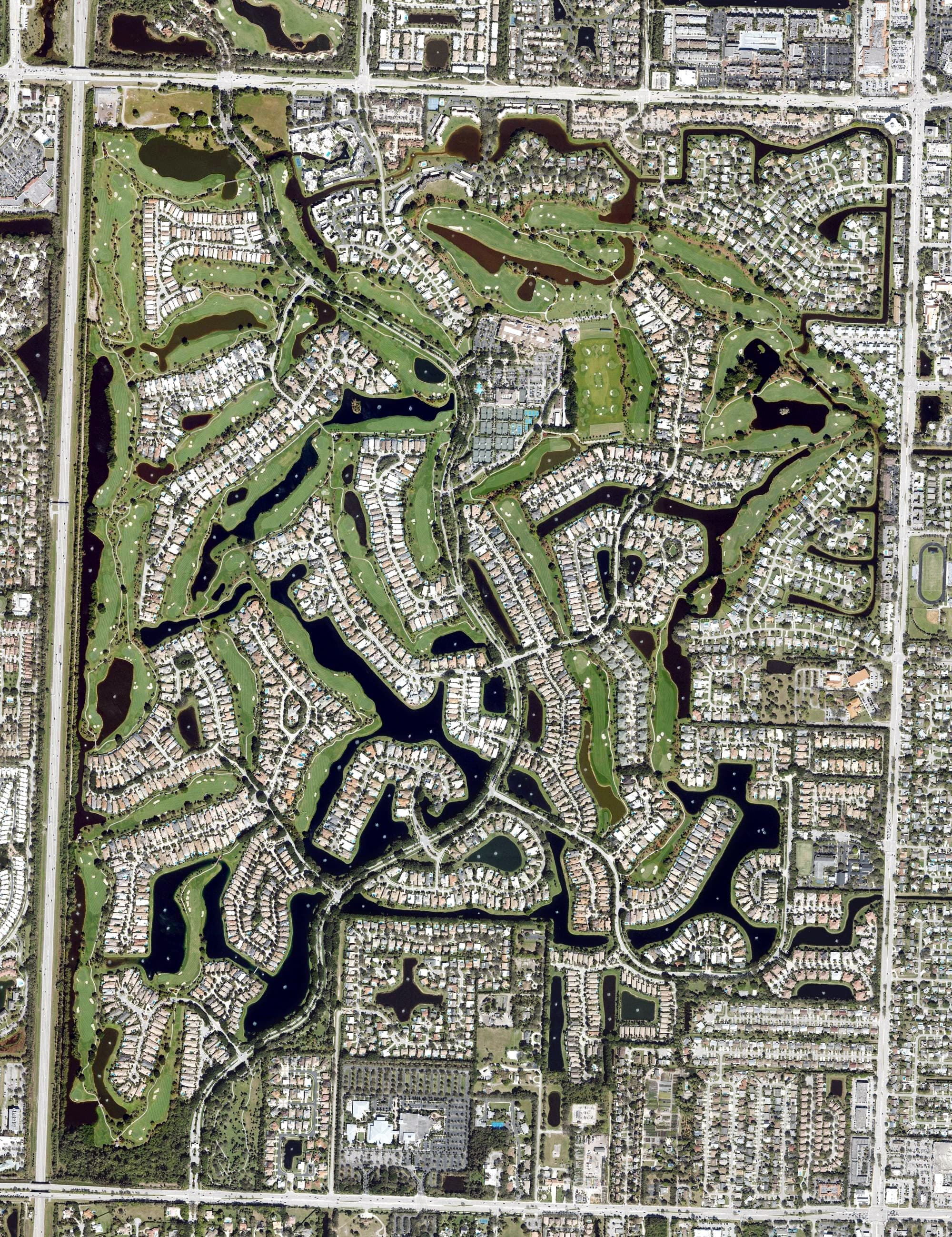 Aerial view of BallenIsles, FL, with its hole routing marked