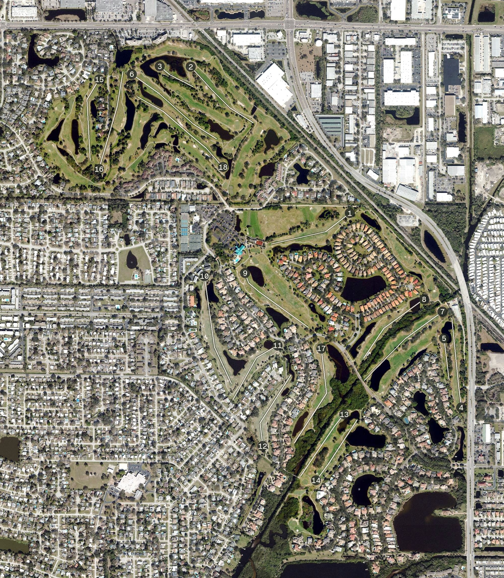 Aerial view of Bardmoor Country Club, FL, with its hole routing marked