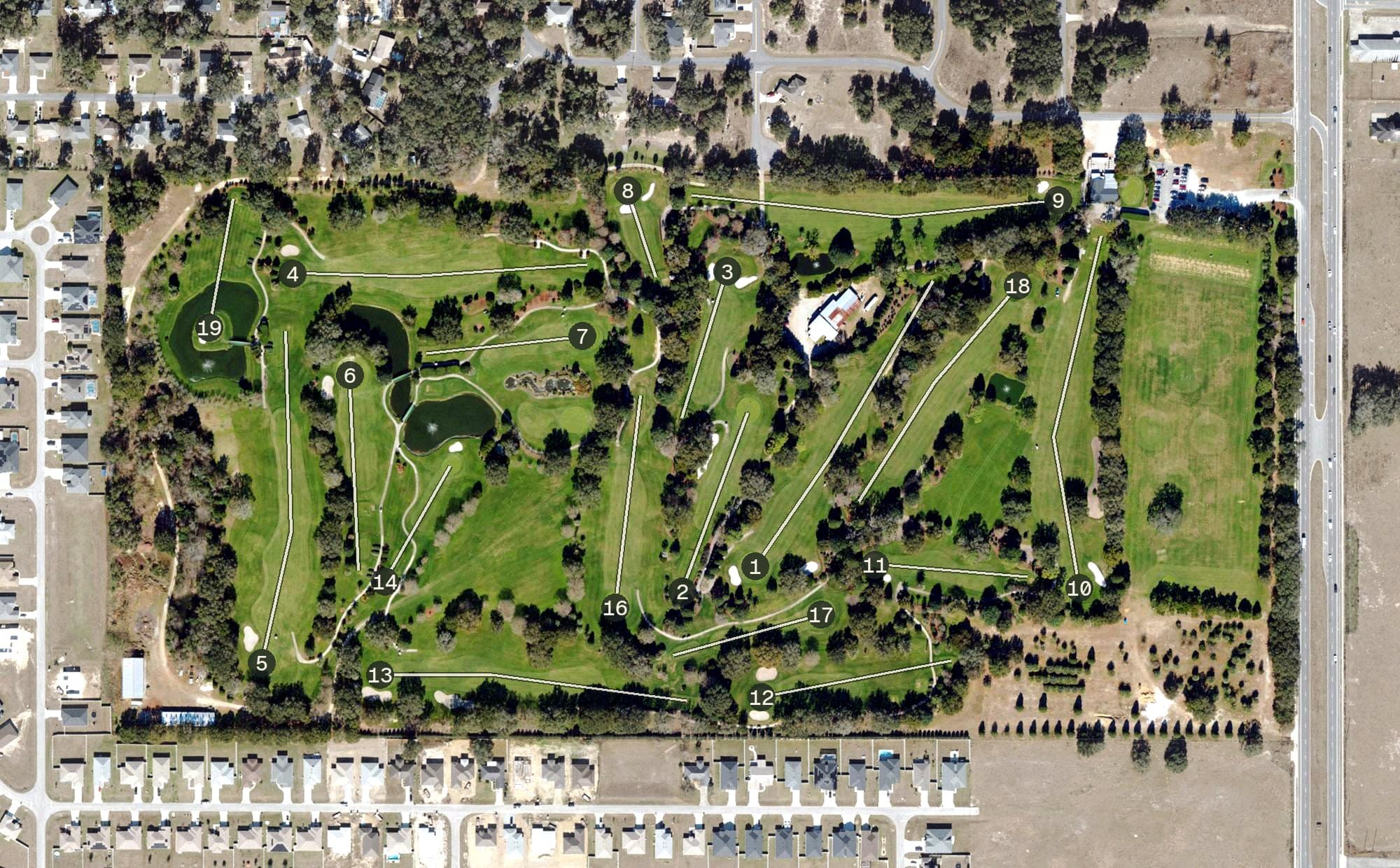 Aerial view of Baseline Golf Course, FL, with its hole routing marked