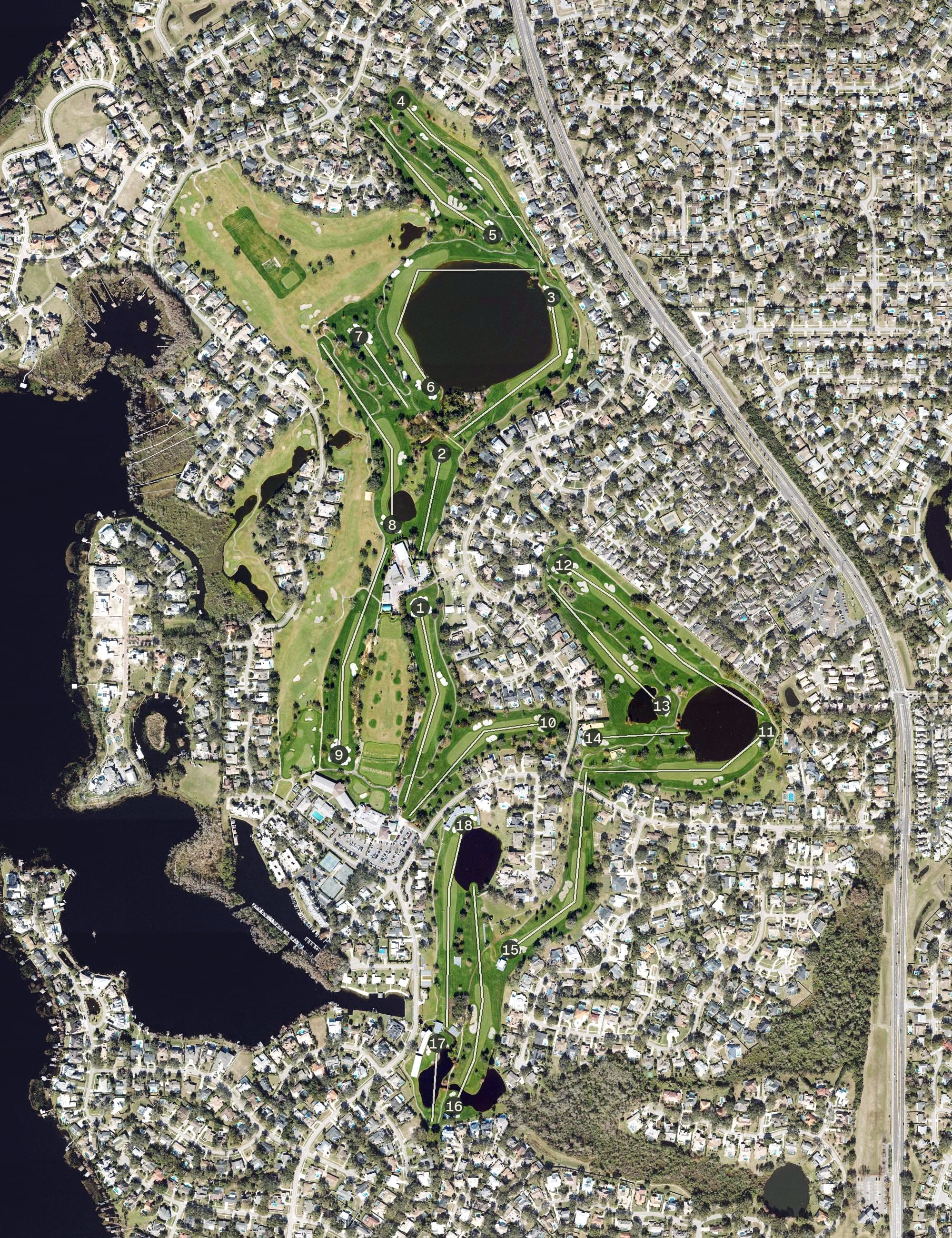 Aerial view of Bay Hill Golf Club, FL, with its hole routing marked