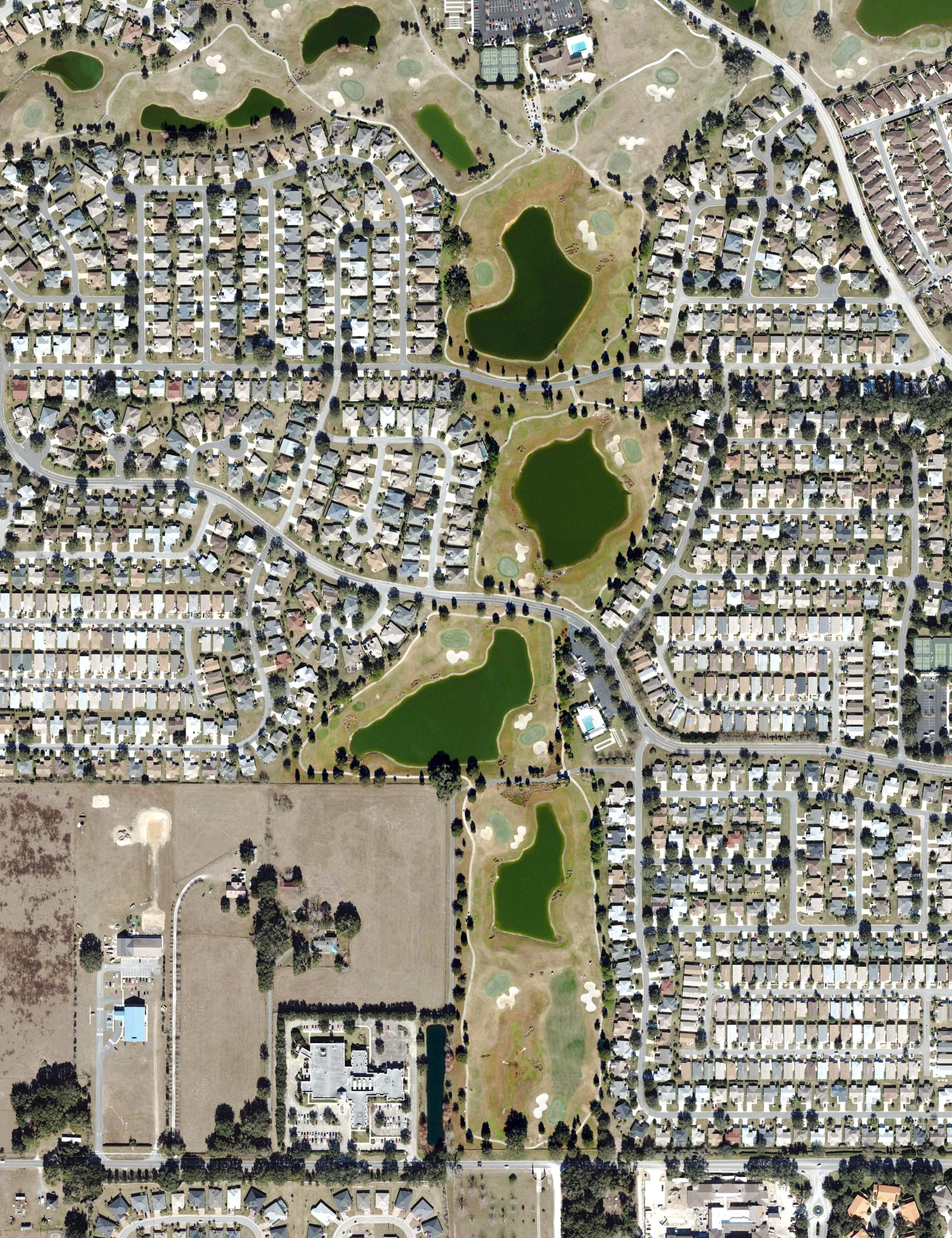 Aerial view of Belmont Golf Course (The Villages), FL, with its hole routing marked
