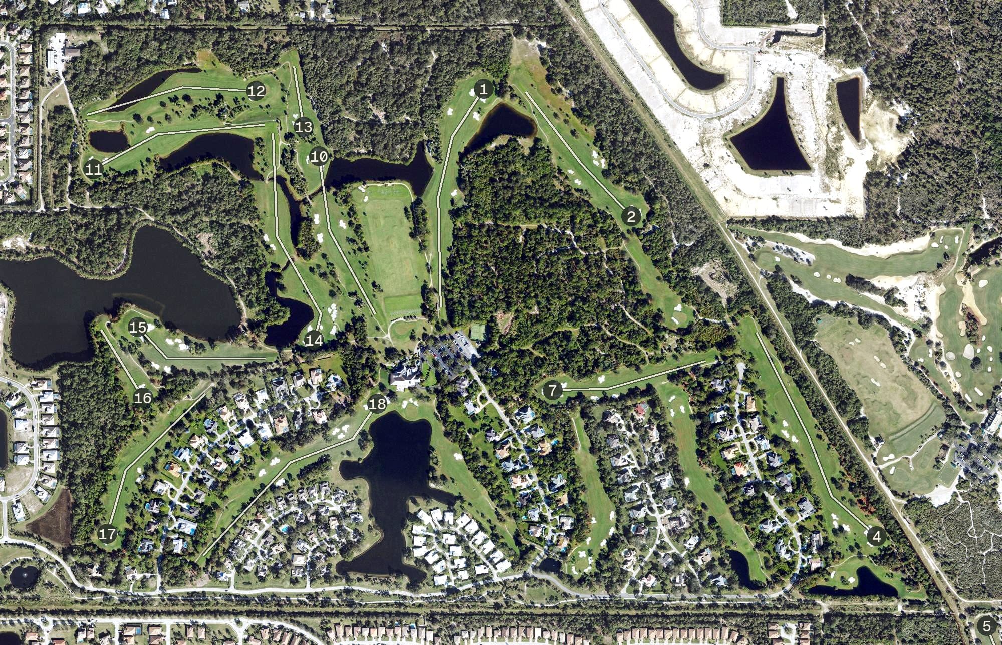 Aerial view of Bent Pine Golf Club, FL, with its hole routing marked