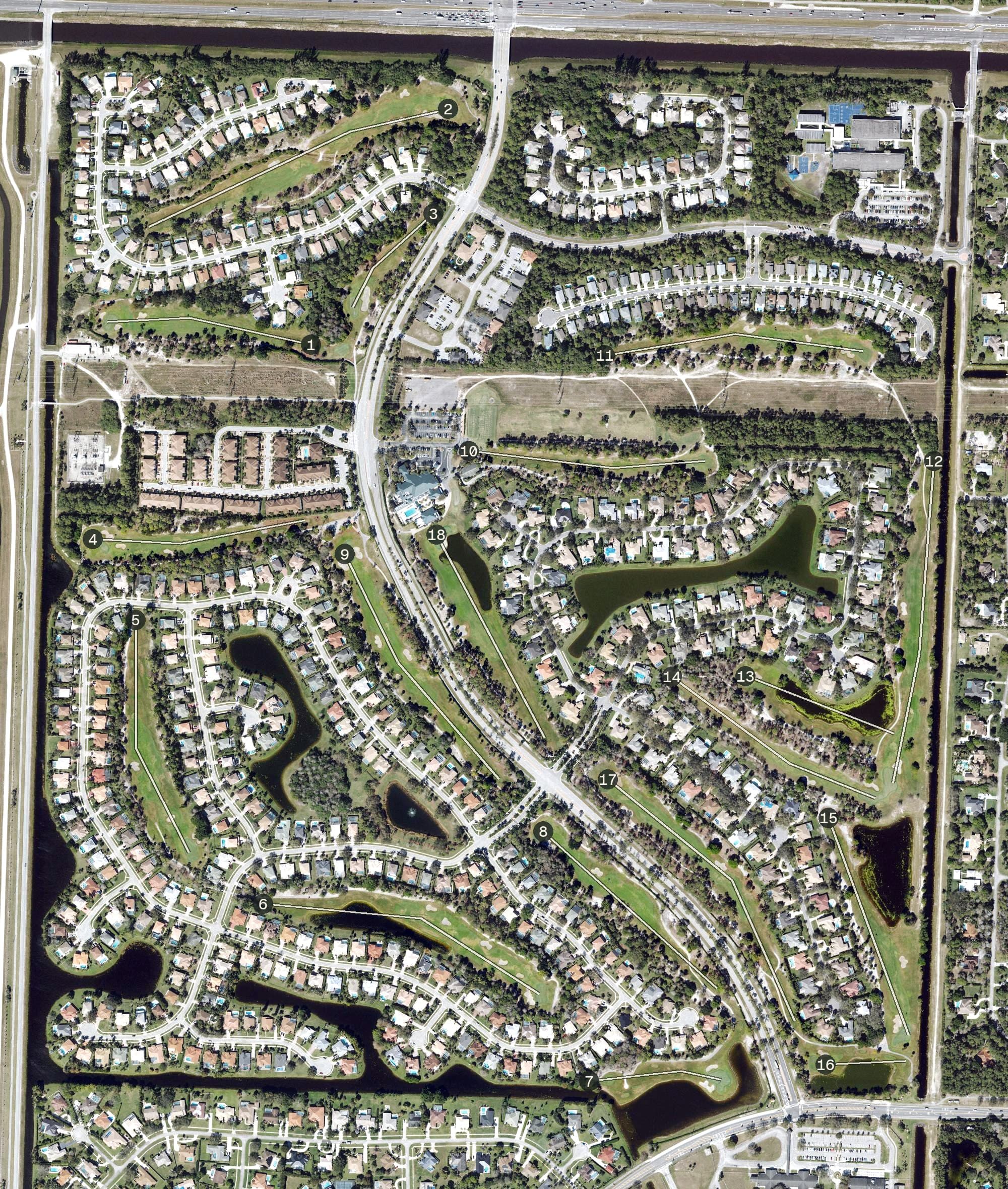 Aerial view of Binks Forest Golf Club, FL, with its hole routing marked