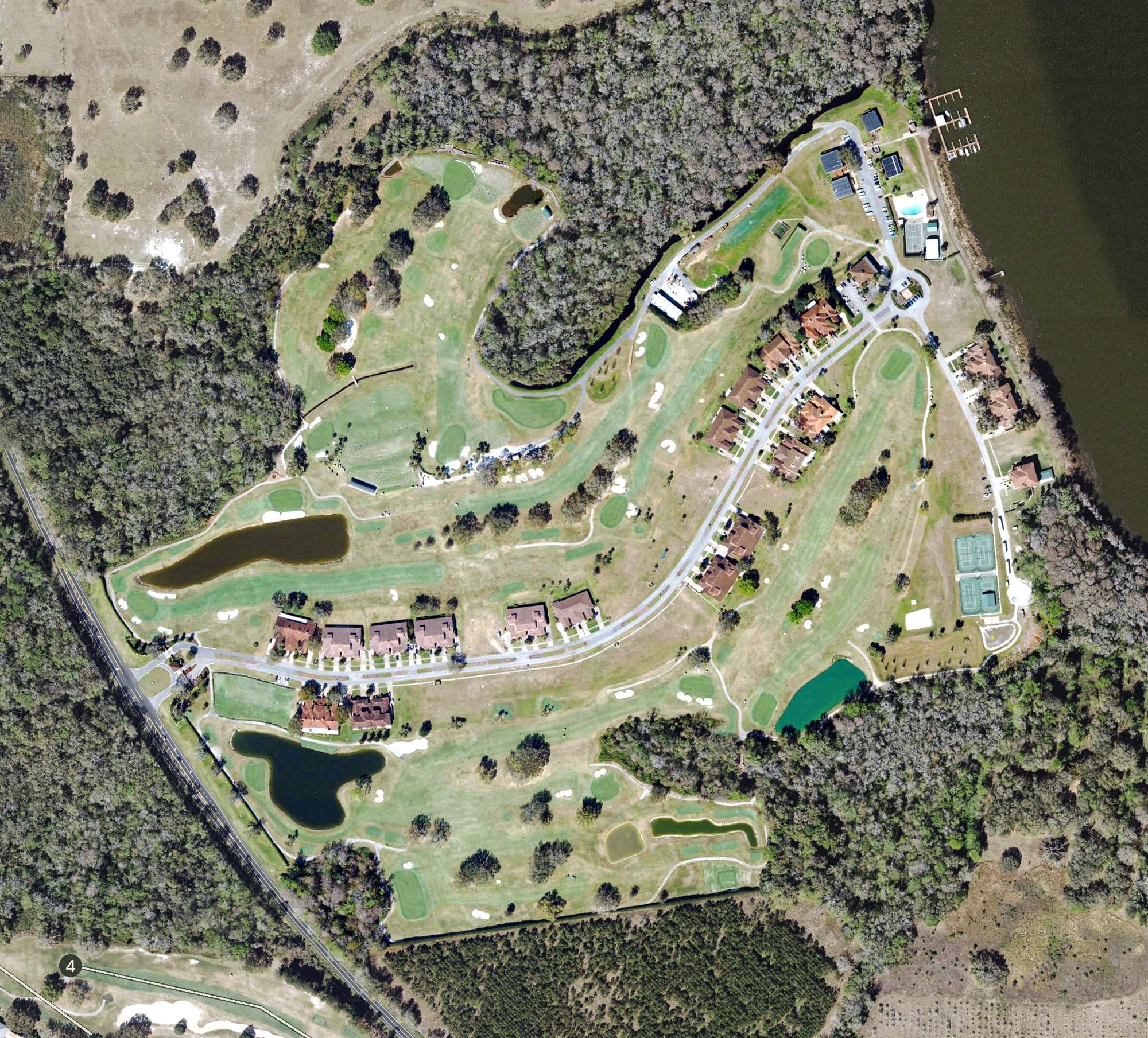 Aerial view of Bishops Gate Golf and Lakeside Community, FL, with its hole routing marked