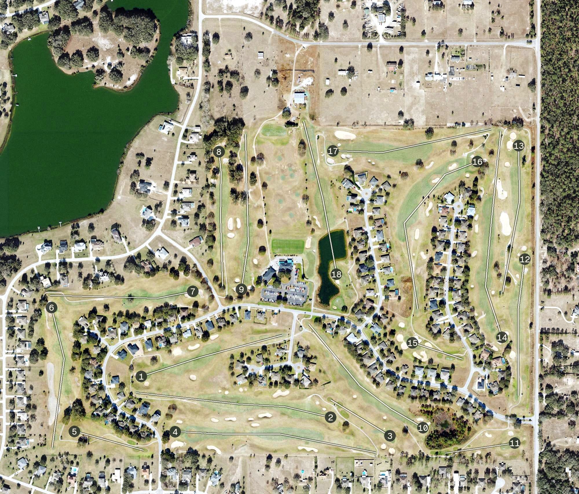 Aerial view of Black Bear Golf Club, FL, with its hole routing marked