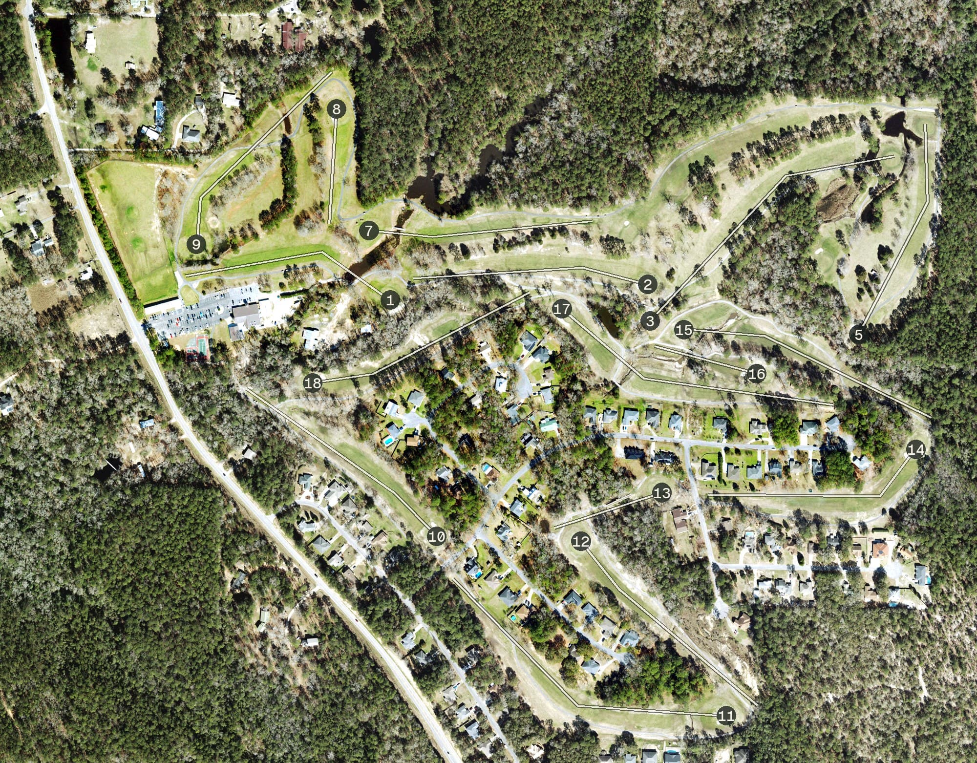 Aerial view of Blackwater Golf Club, FL, with its hole routing marked