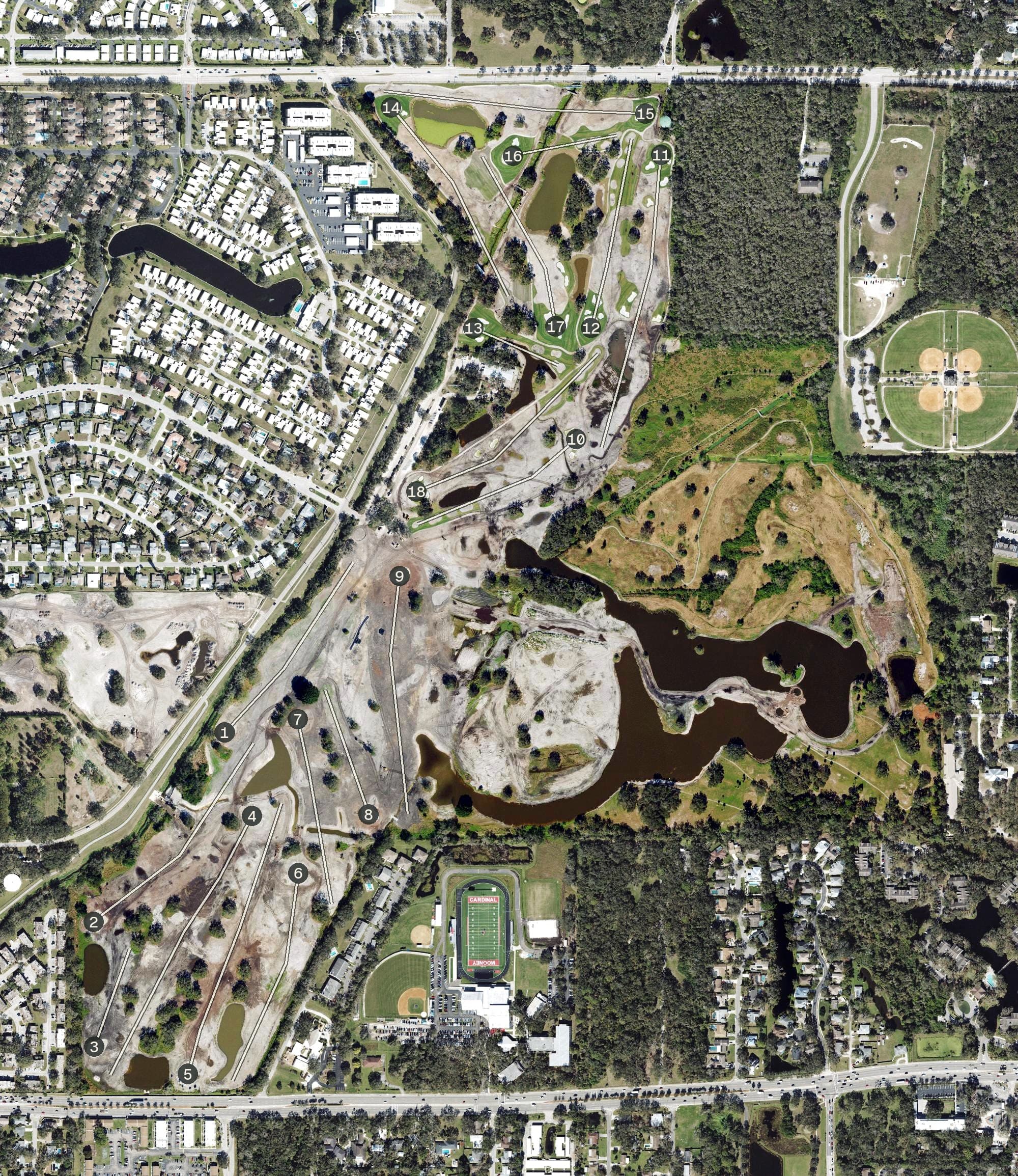 Aerial view of Bobby Jones Golf Club, FL, with its hole routing marked